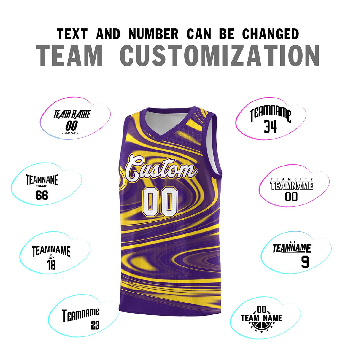 Custom Purple Gold Graffiti Pattern Fluids Style Sports Uniform Basketball Jersey Sets