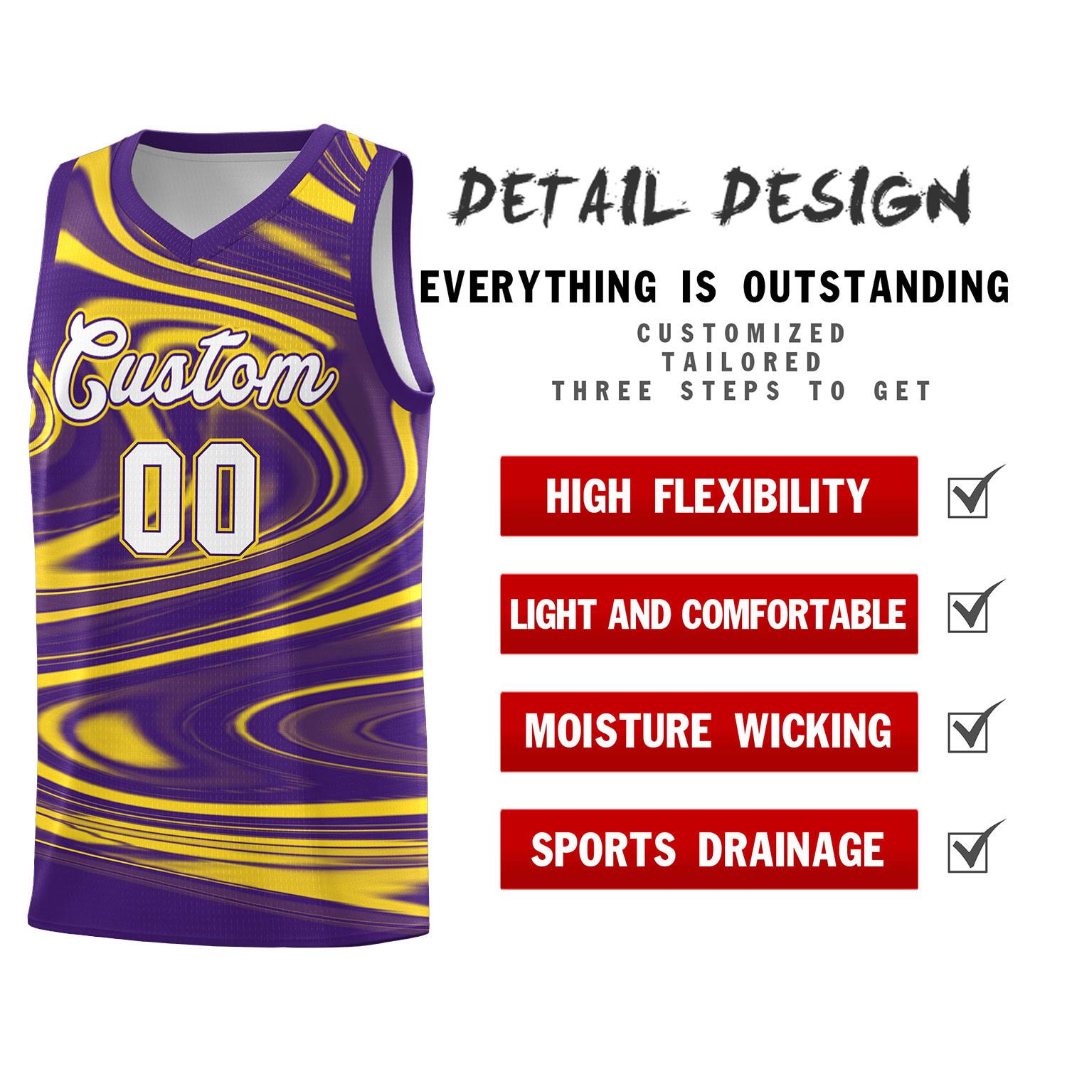 Custom Purple Gold Graffiti Pattern Fluids Style Sports Uniform Basketball Jersey Sets