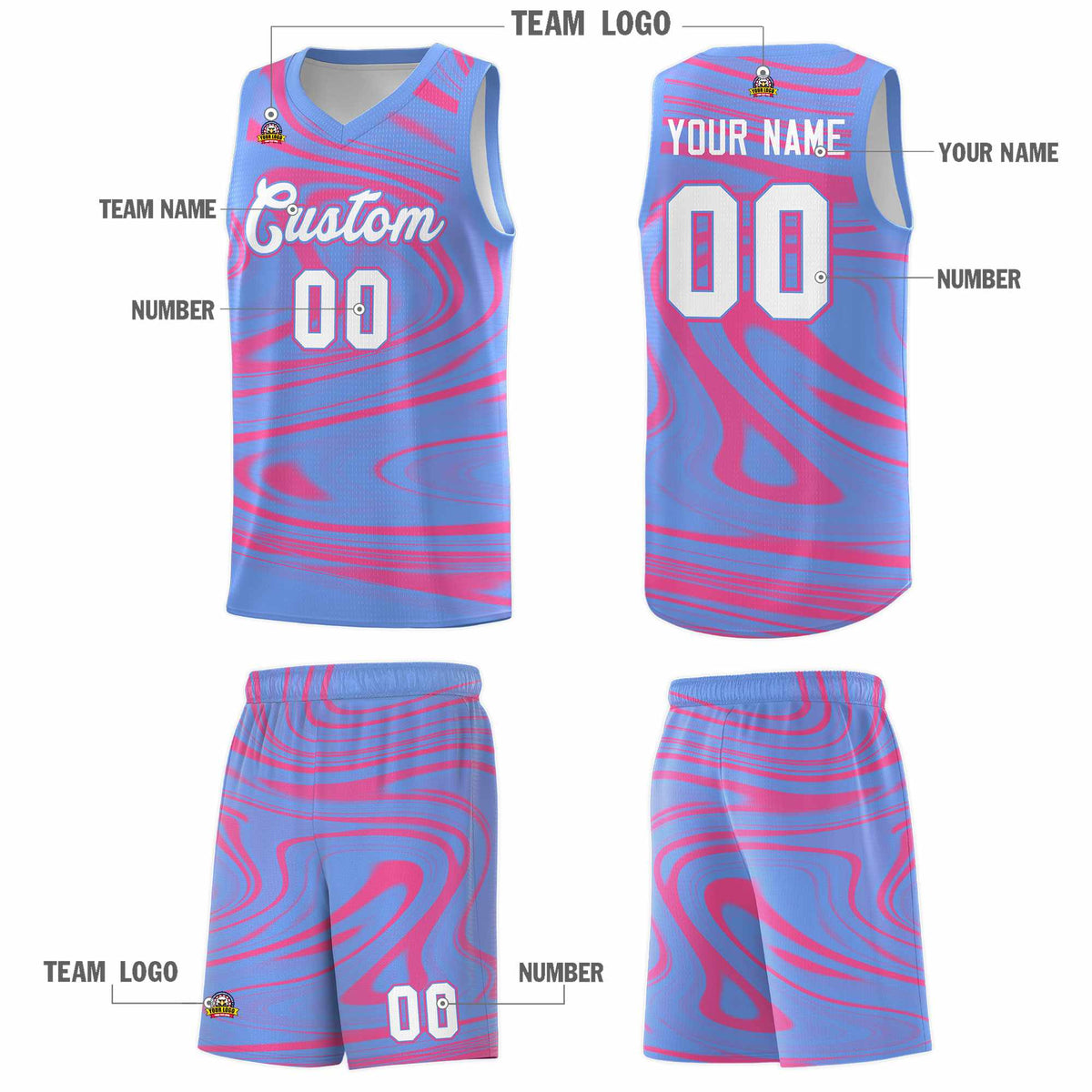 Custom Light Blue Pink Graffiti Pattern Fluids Style Sports Uniform Basketball Jersey Sets