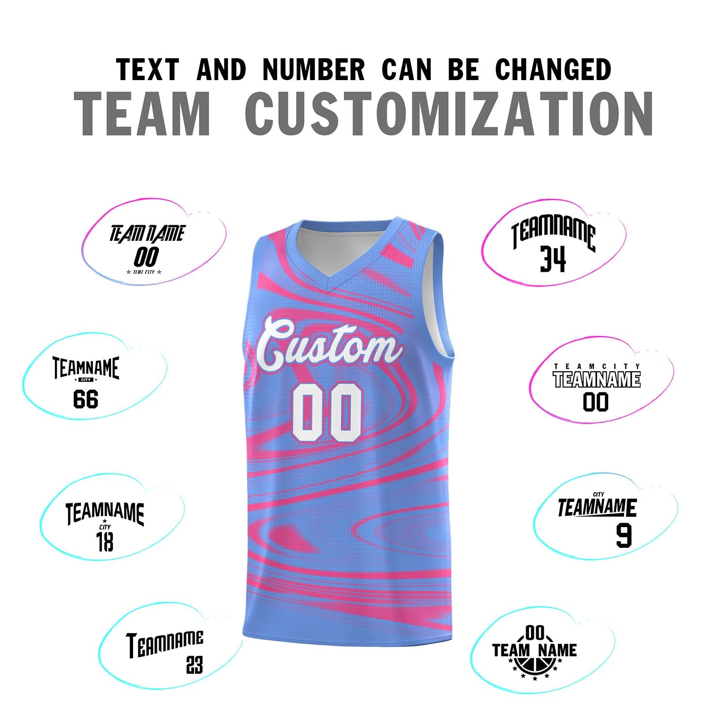 Custom Light Blue Pink Graffiti Pattern Fluids Style Sports Uniform Basketball Jersey Sets