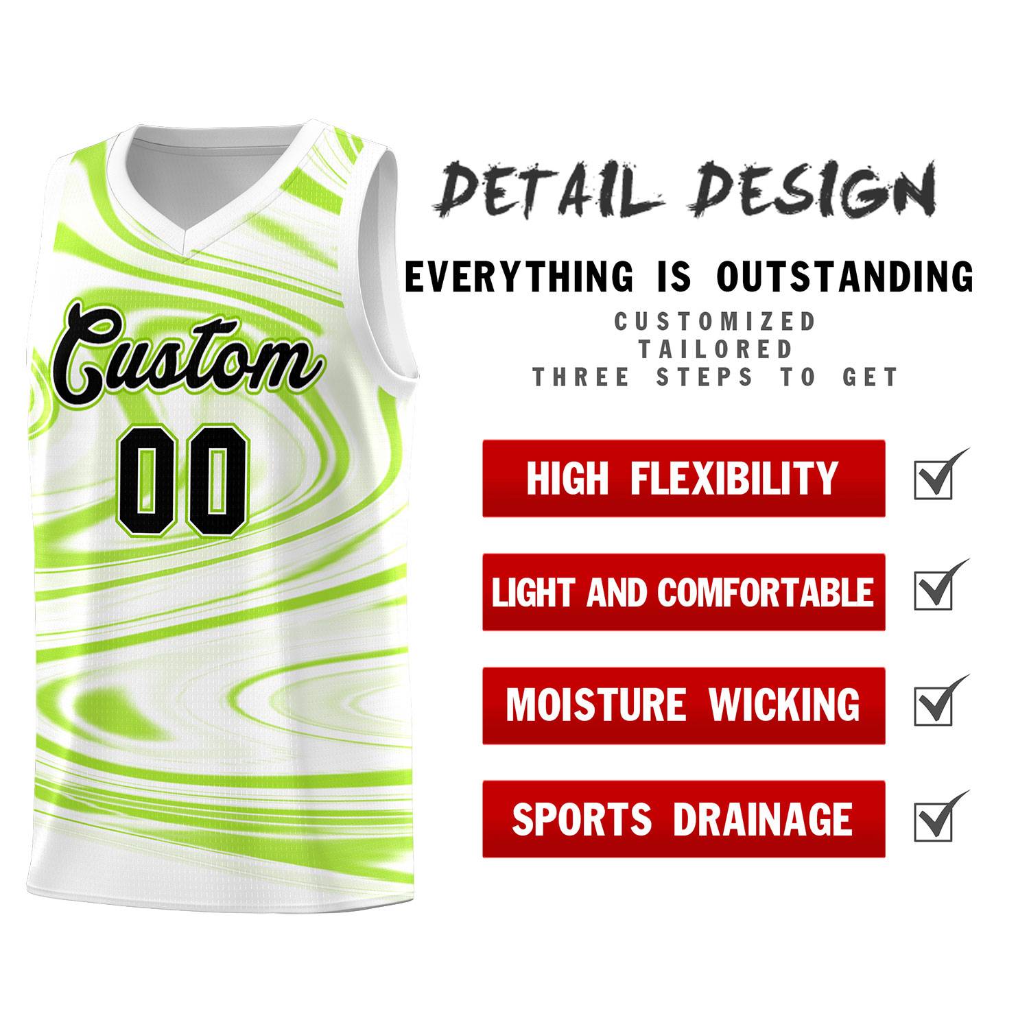 Custom White Light Green Graffiti Pattern Fluids Style Sports Uniform Basketball Jersey Sets
