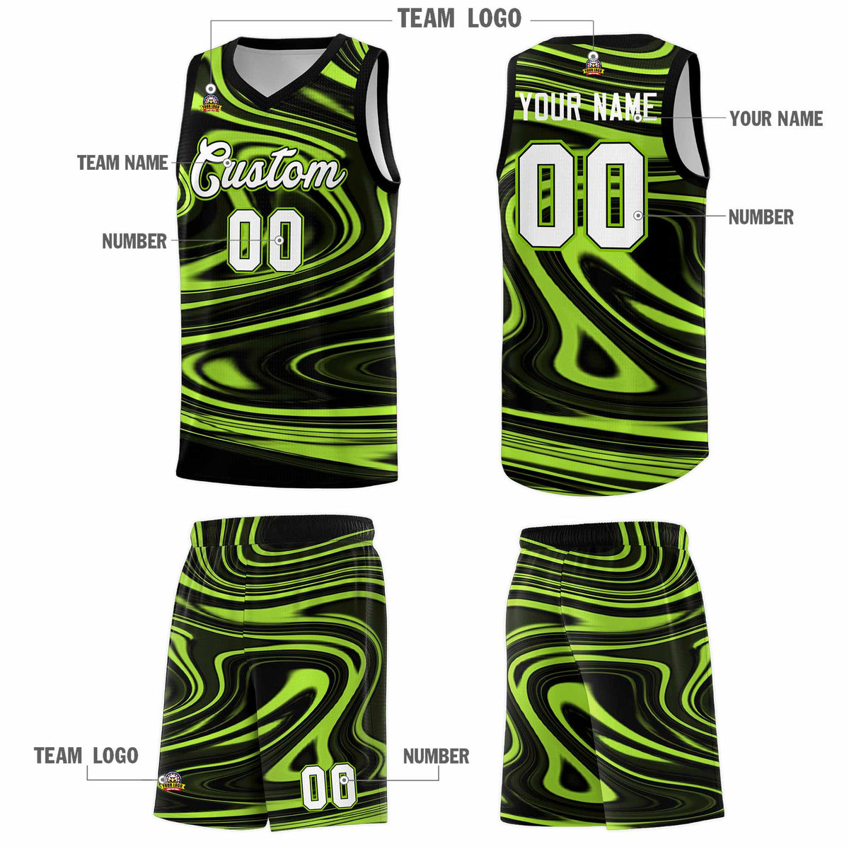 Custom Black Light Green Graffiti Pattern Fluids Style Sports Uniform Basketball Jersey Sets