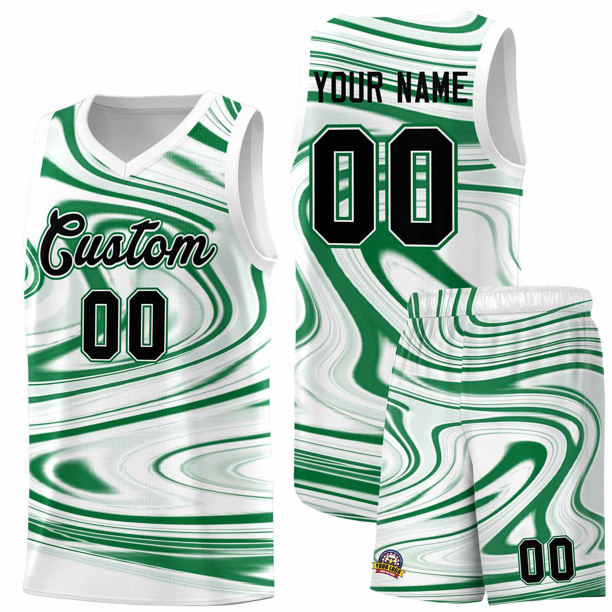 Custom White Kelly Green Graffiti Pattern Fluids Style Sports Uniform Basketball Jersey Sets
