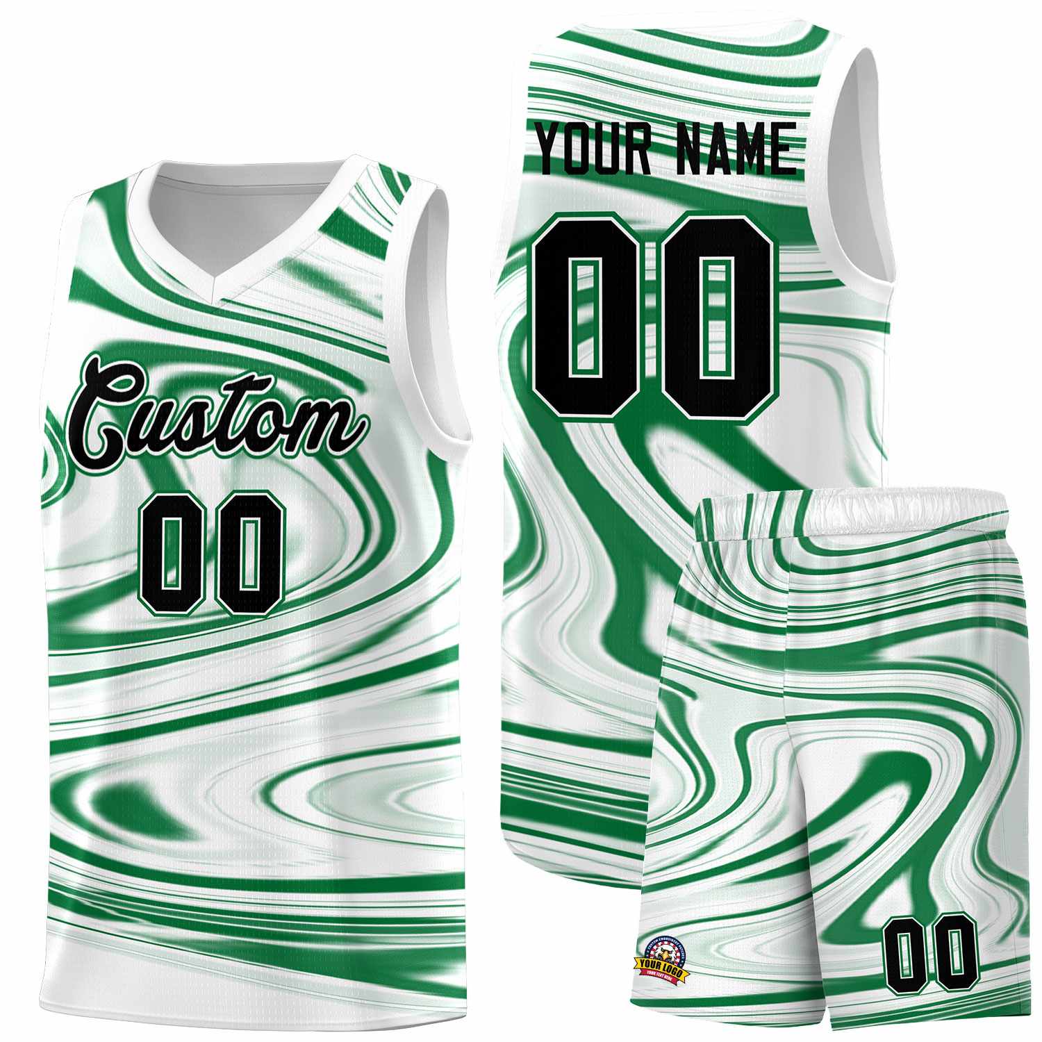 Custom White Kelly Green Graffiti Pattern Fluids Style Sports Uniform Basketball Jersey Sets