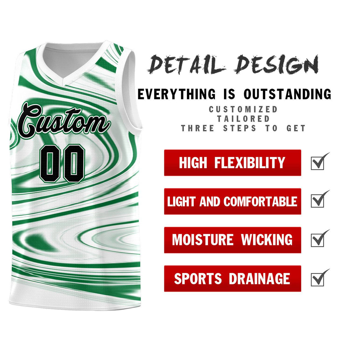 Custom White Kelly Green Graffiti Pattern Fluids Style Sports Uniform Basketball Jersey Sets