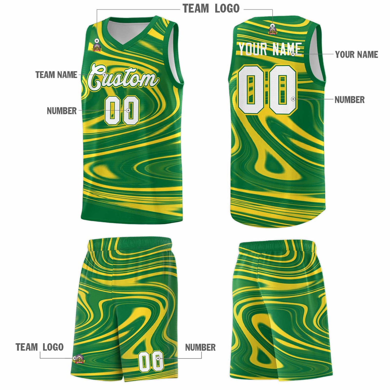 Custom Kelly Green Gold Graffiti Pattern Fluids Style Sports Uniform Basketball Jersey Sets