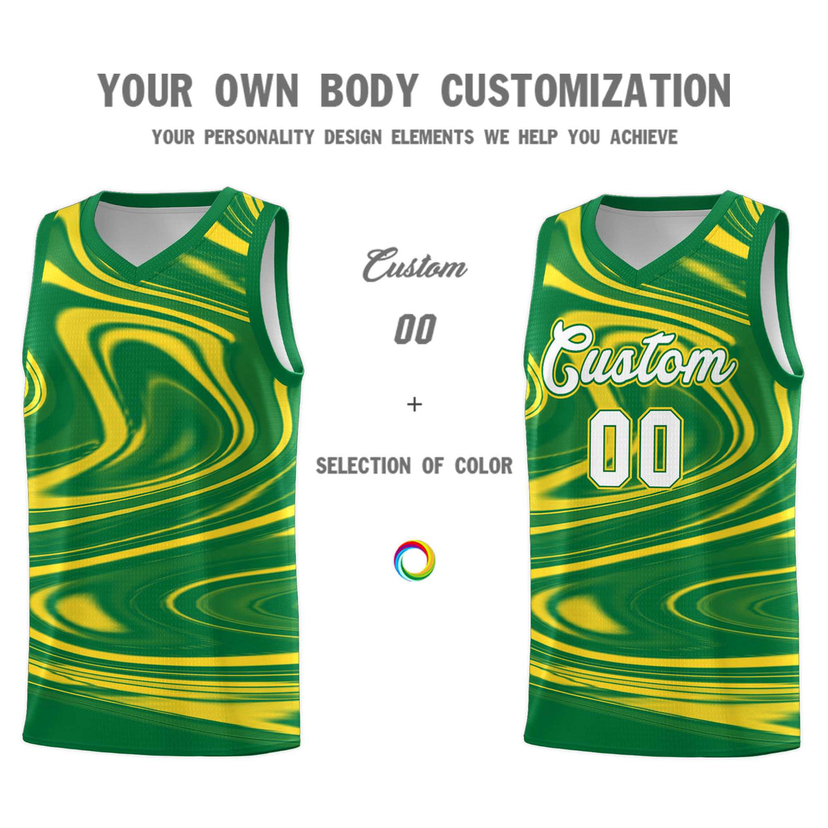 Custom Kelly Green Gold Graffiti Pattern Fluids Style Sports Uniform Basketball Jersey Sets