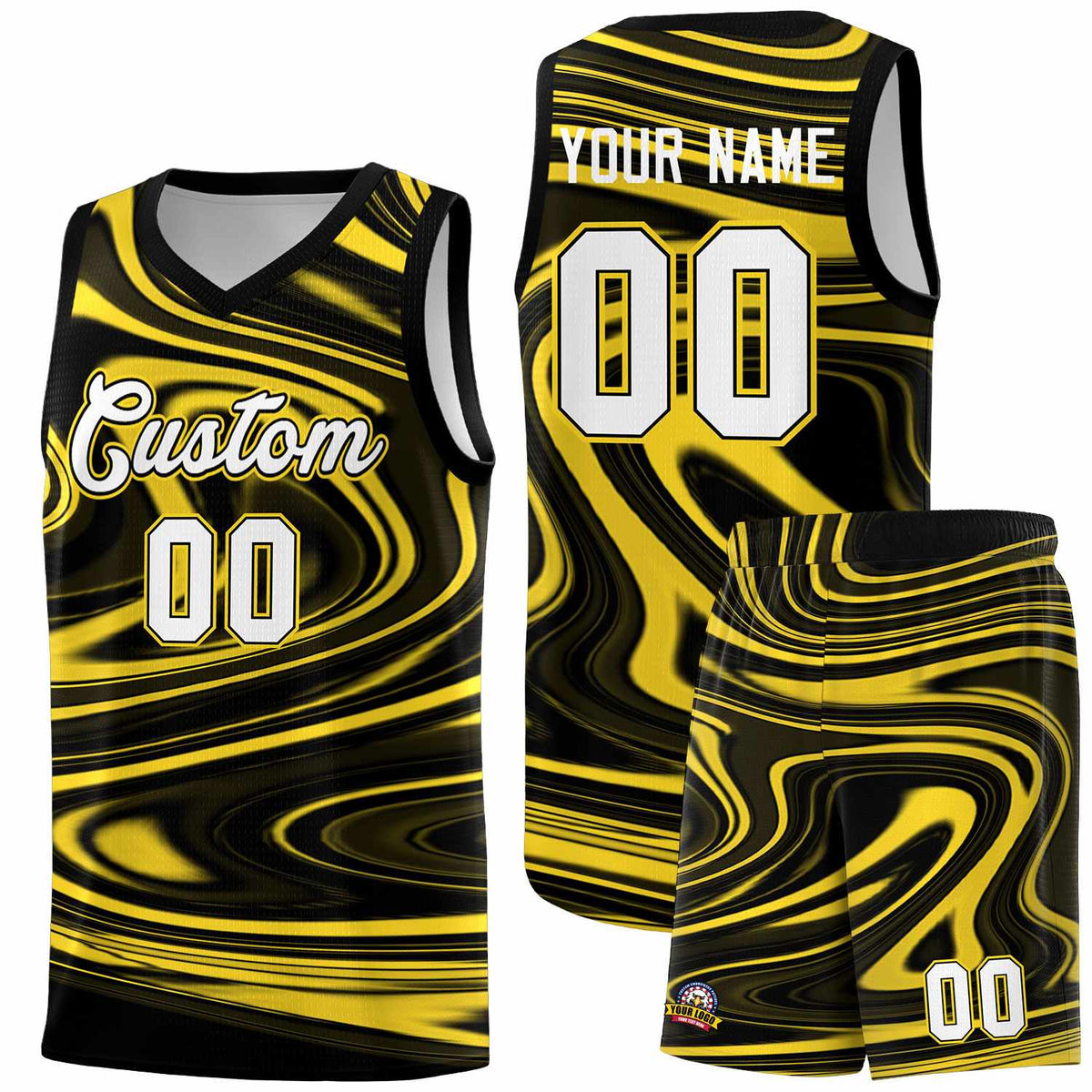 Custom Black Gold Graffiti Pattern Fluids Style Sports Uniform Basketball Jersey Sets