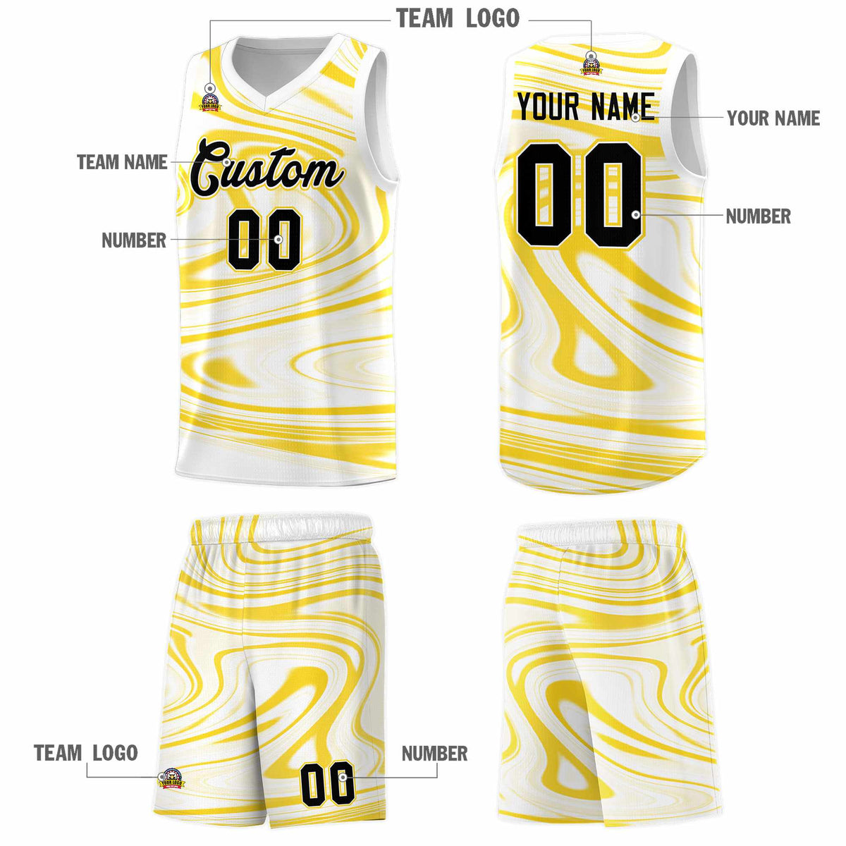 Custom White Gold Graffiti Pattern Fluids Style Sports Uniform Basketball Jersey Sets