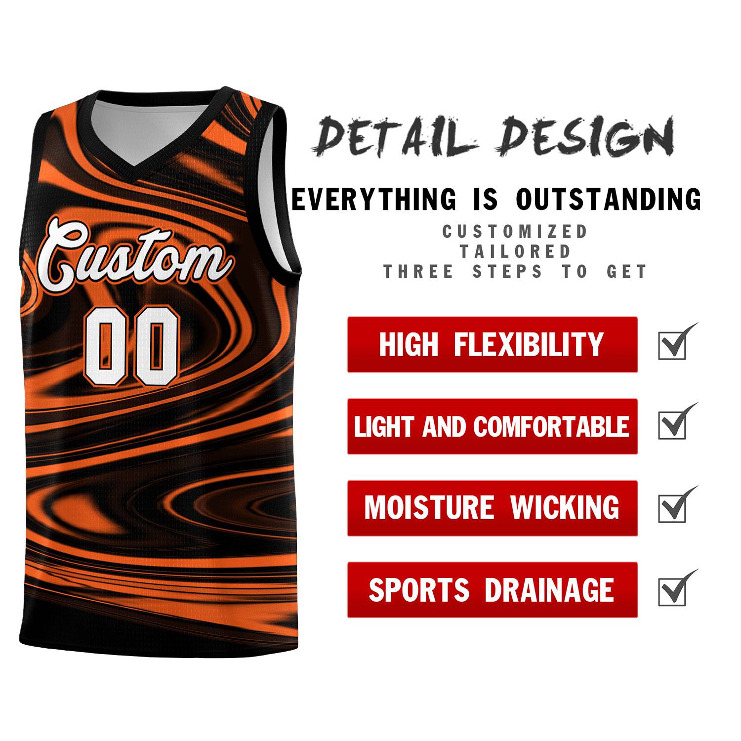 Custom Black Orange Graffiti Pattern Fluids Style Sports Uniform Basketball Jersey Sets