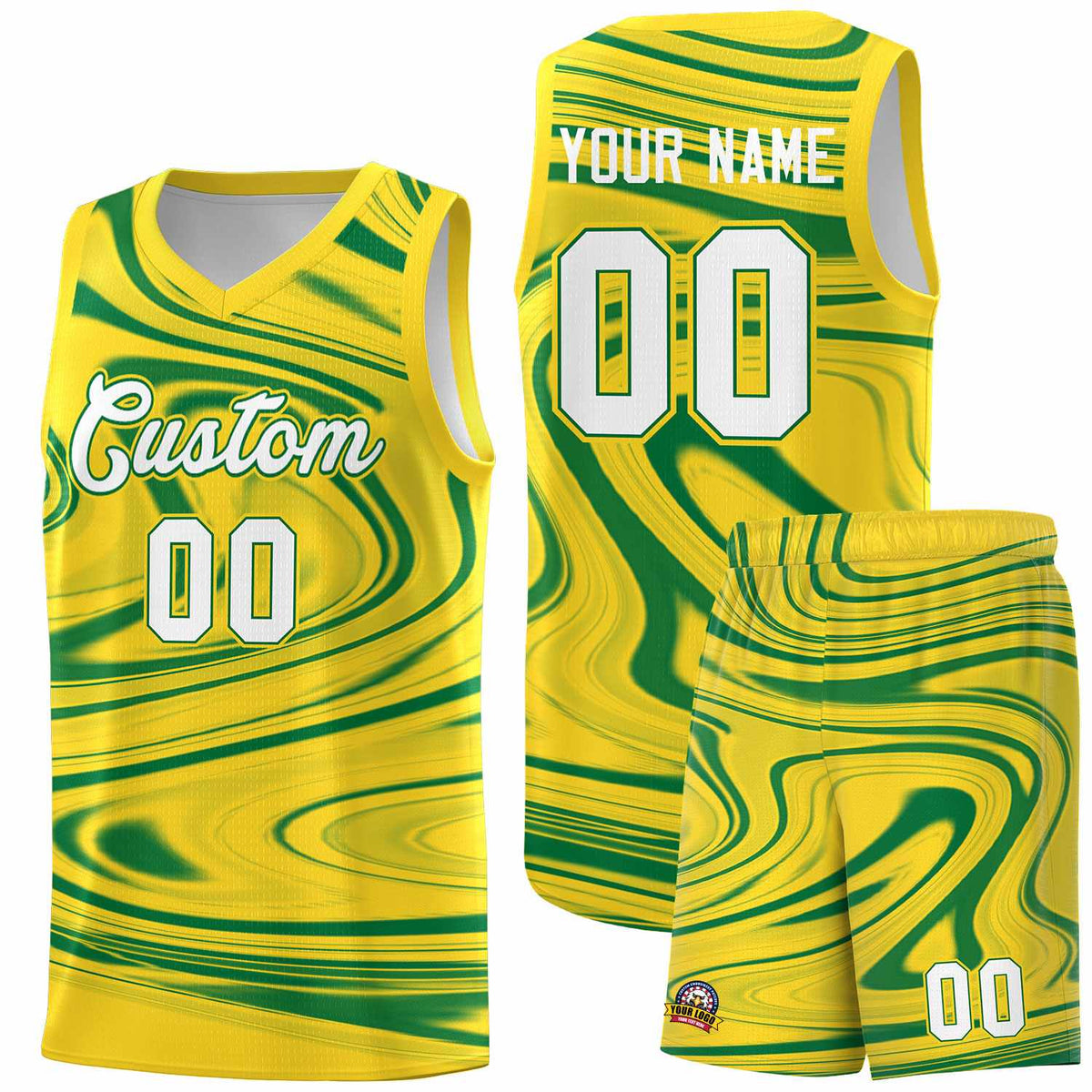 Custom Gold Kelly Green Graffiti Pattern Fluids Style Sports Uniform Basketball Jersey Sets