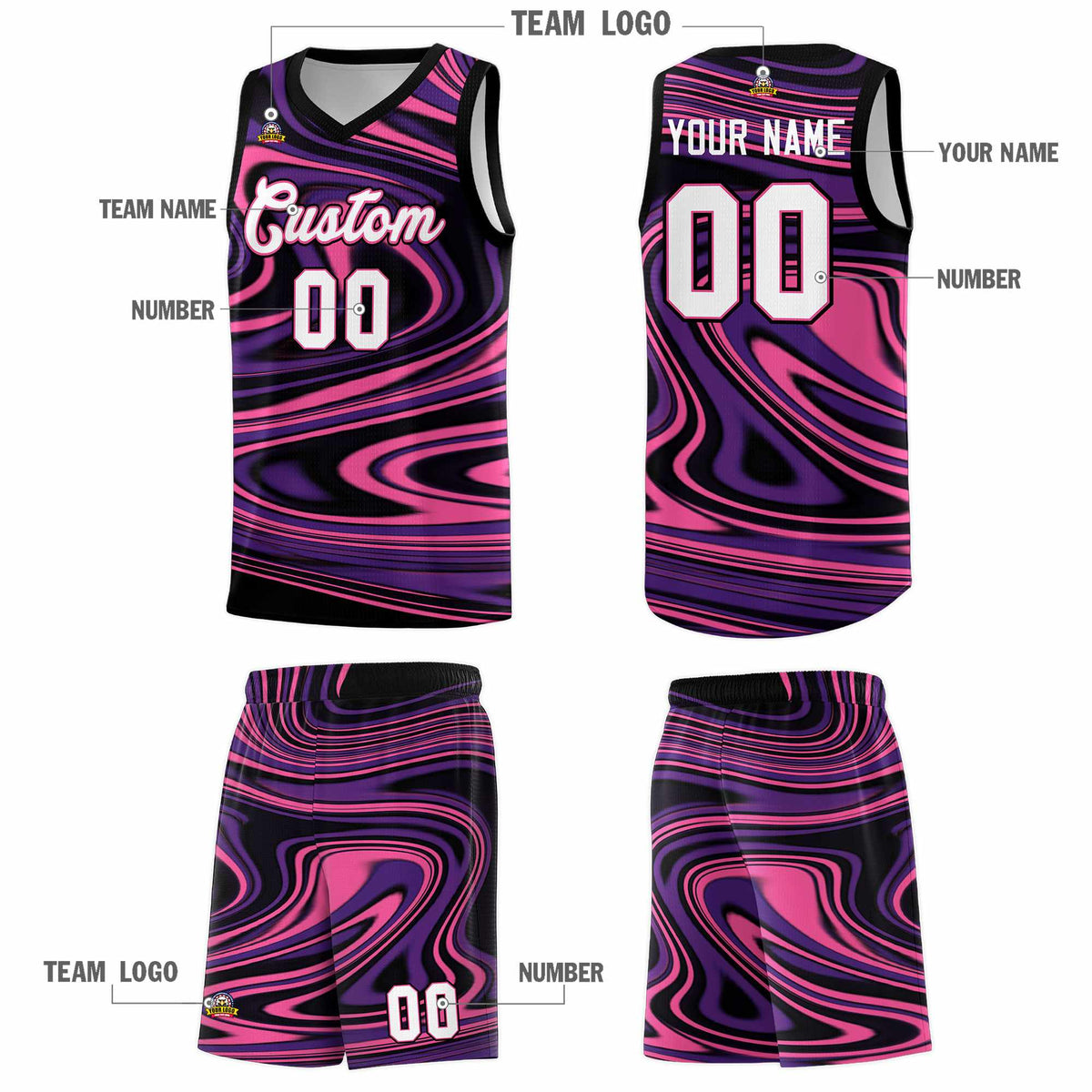 Custom Black Purple Graffiti Pattern Fluids Style Sports Uniform Basketball Jersey Sets