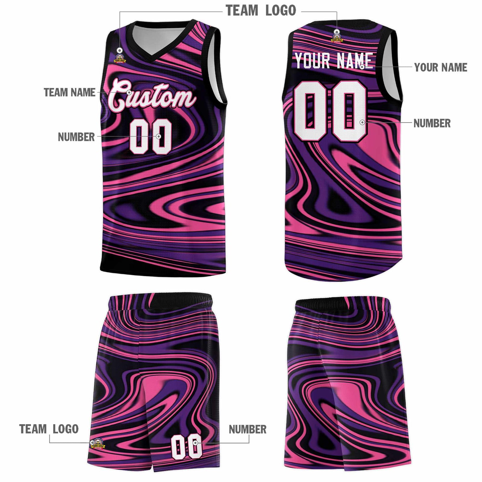 Custom Black Purple Graffiti Pattern Fluids Style Sports Uniform Basketball Jersey Sets