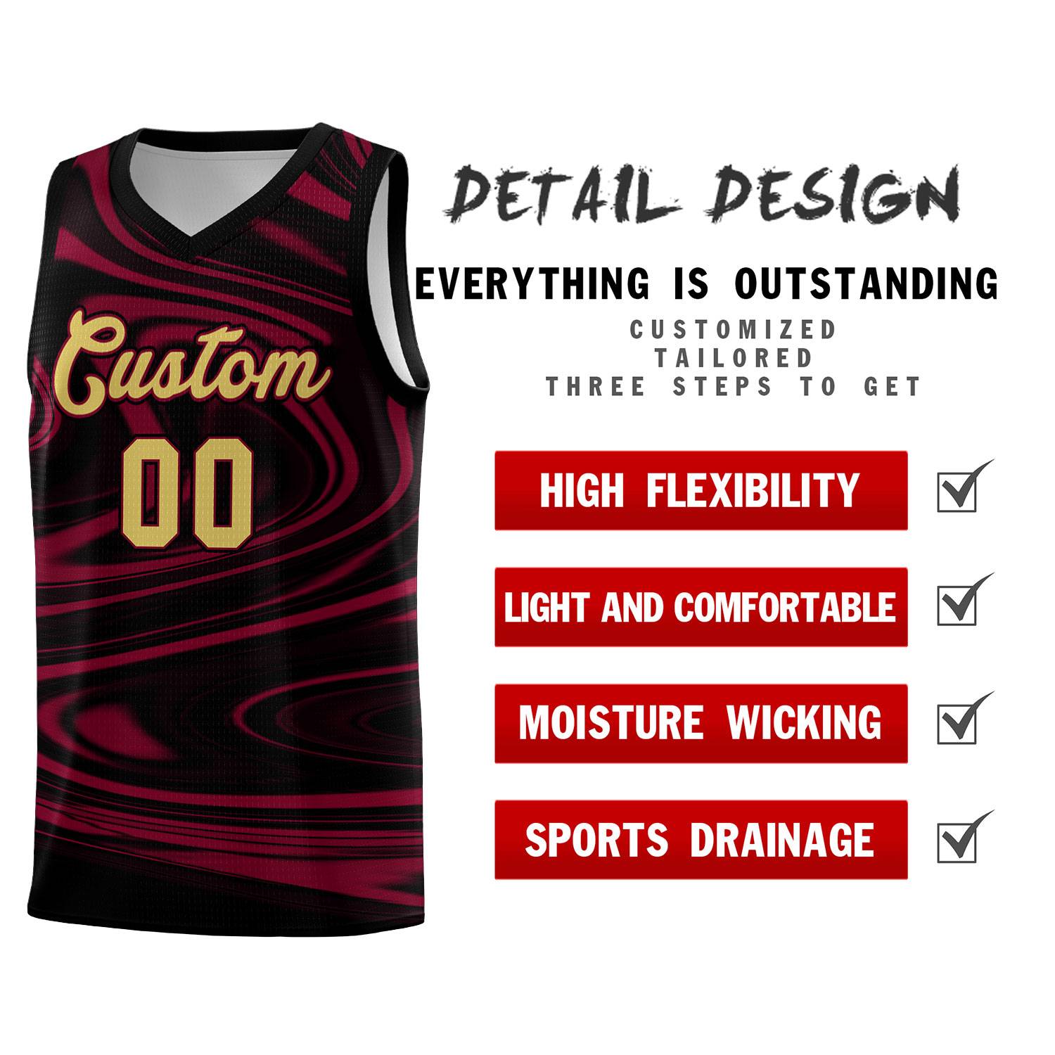 Custom Black Crimson Graffiti Pattern Fluids Style Sports Uniform Basketball Jersey Sets