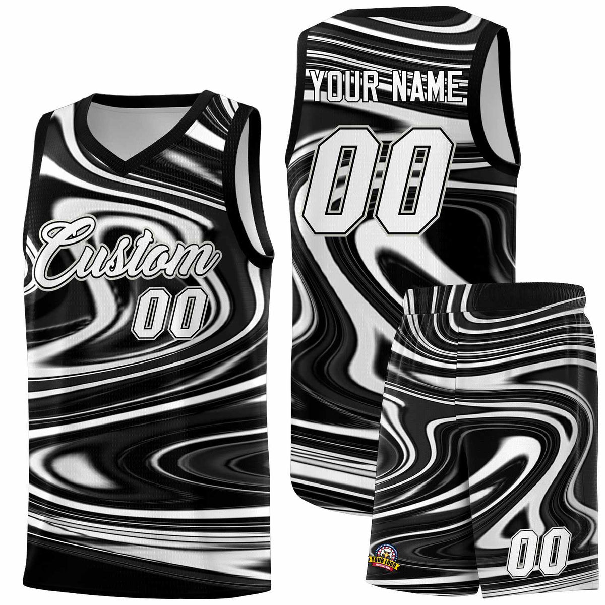 Custom Black White Graffiti Pattern Fluids Style Sports Uniform Basketball Jersey Sets