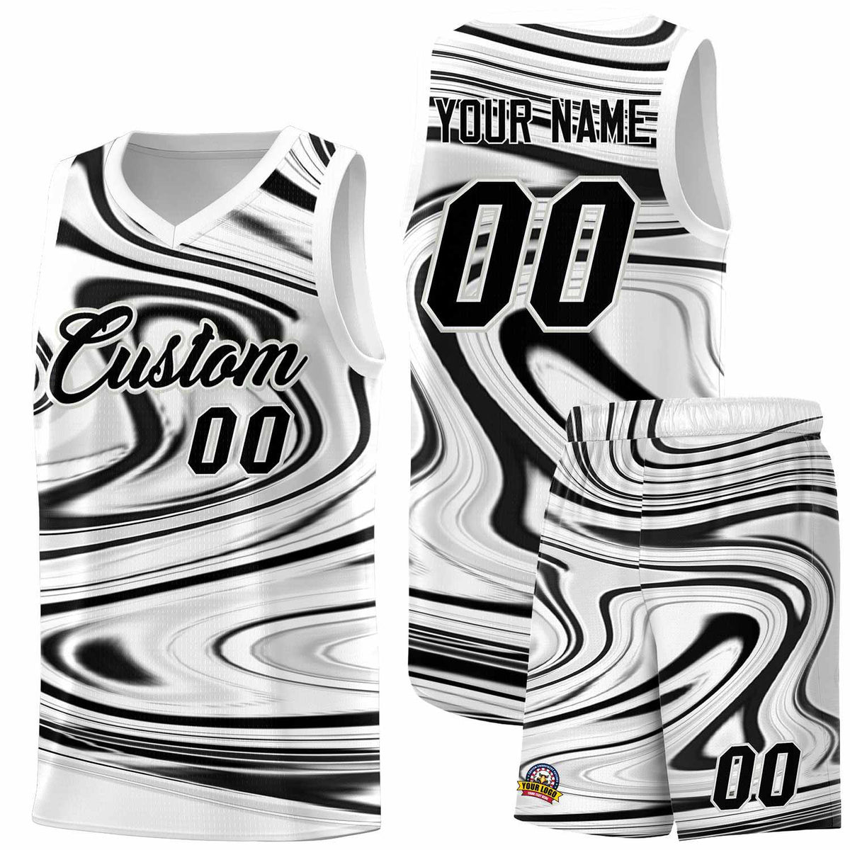 Custom White Black Graffiti Pattern Fluids Style Sports Uniform Basketball Jersey Sets