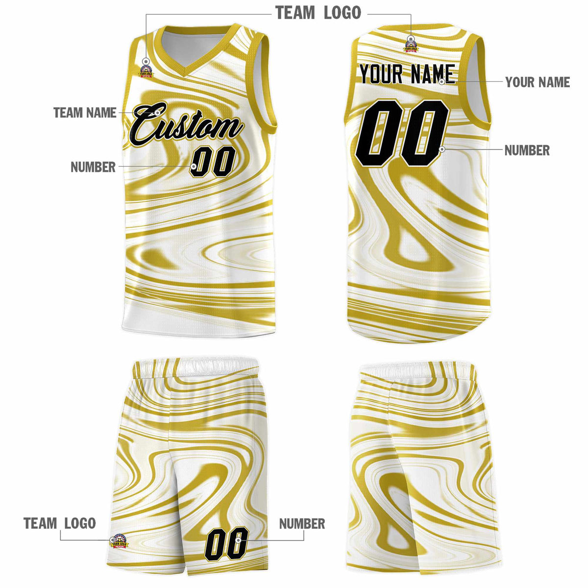 Custom White Old Gold Graffiti Pattern Fluids Style Sports Uniform Basketball Jersey Sets