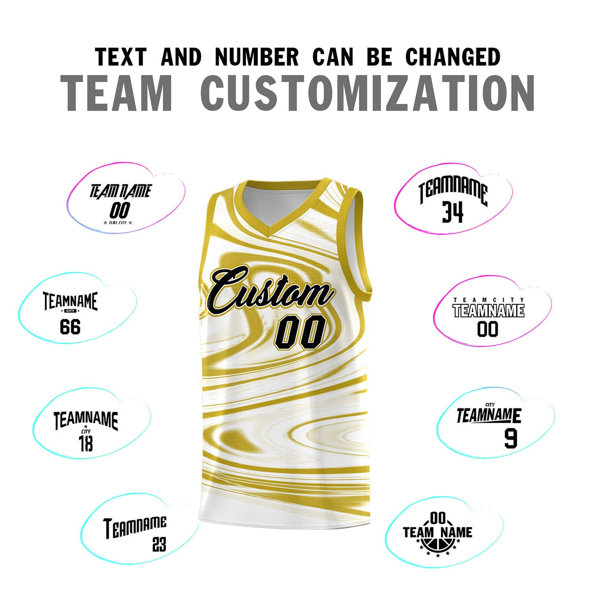 Custom White Old Gold Graffiti Pattern Fluids Style Sports Uniform Basketball Jersey Sets