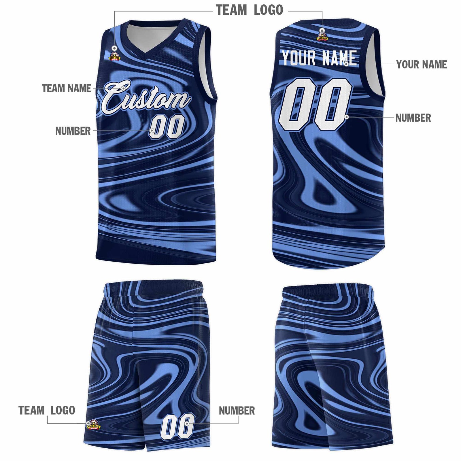 Custom Navy Light Blue Graffiti Pattern Fluids Style Sports Uniform Basketball Jersey Sets