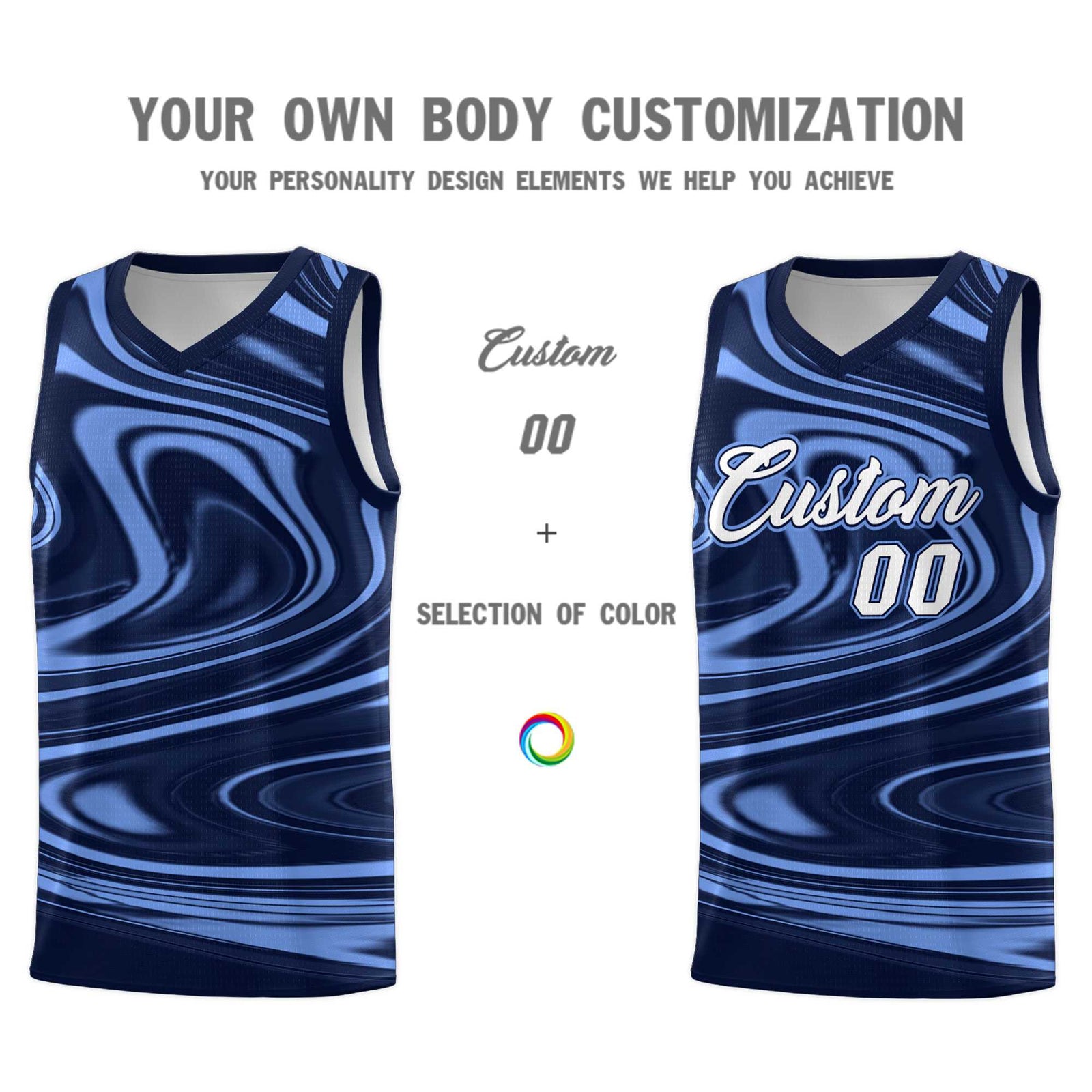 Custom Navy Light Blue Graffiti Pattern Fluids Style Sports Uniform Basketball Jersey Sets