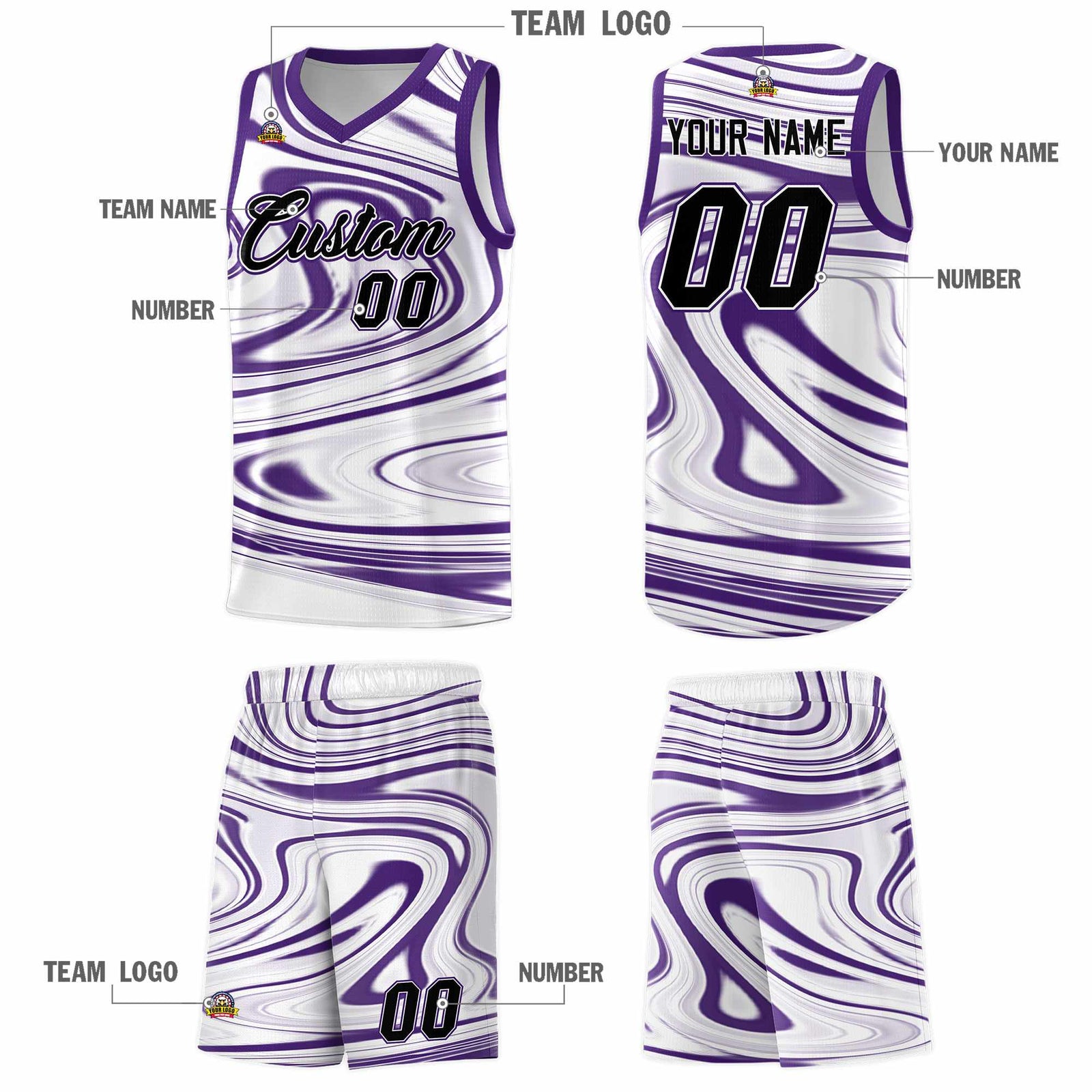 Custom White Purple Graffiti Pattern Fluids Style Sports Uniform Basketball Jersey Sets