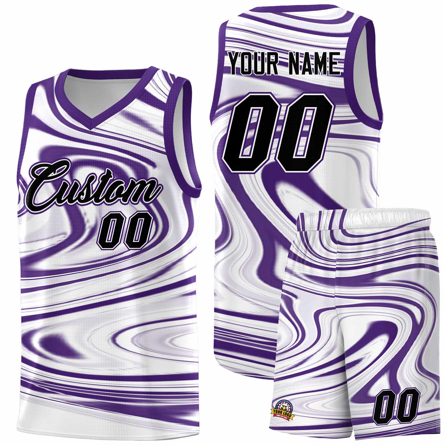 Custom White Purple Graffiti Pattern Fluids Style Sports Uniform Basketball Jersey Sets