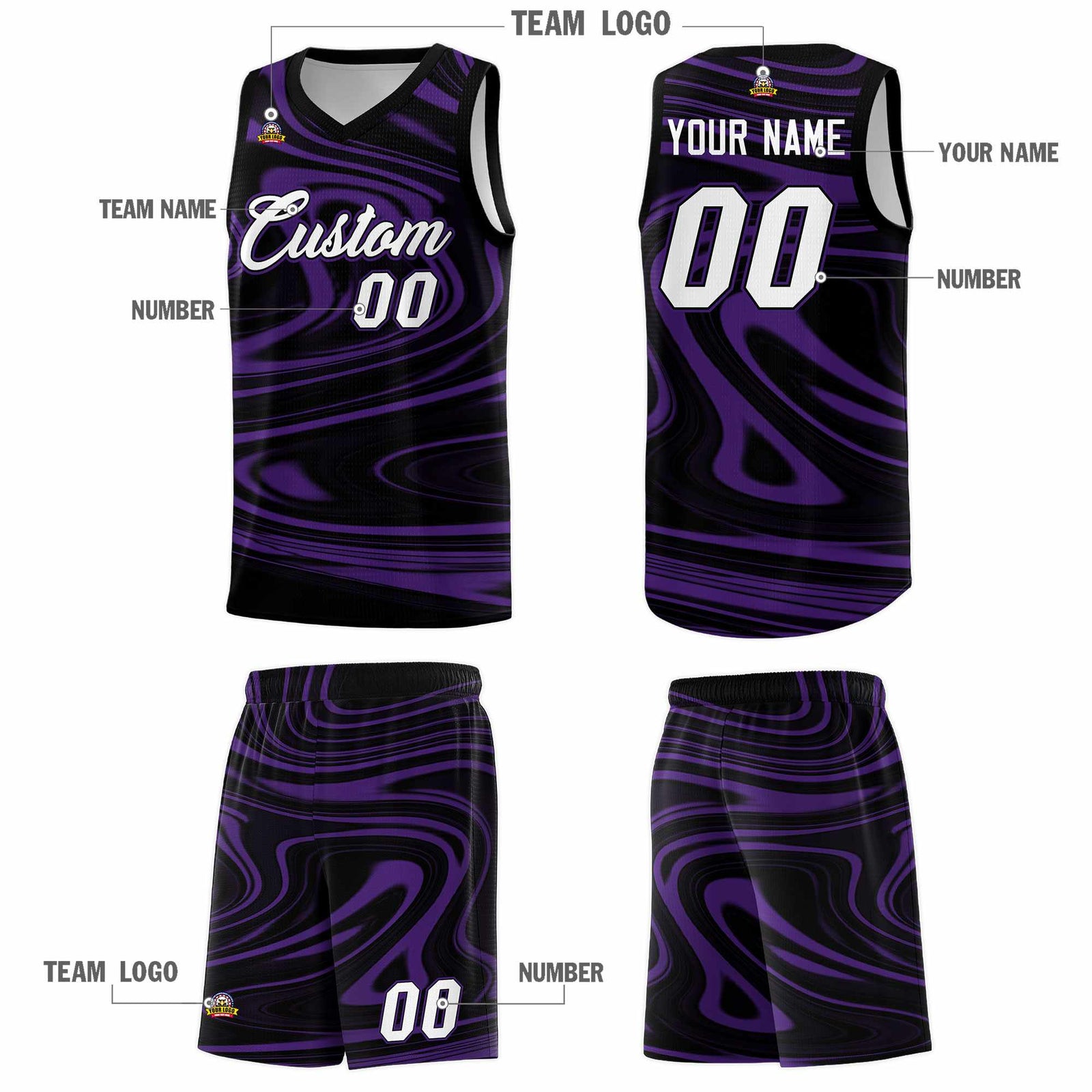 Custom Black Purple Graffiti Pattern Fluids Style Sports Uniform Basketball Jersey Sets