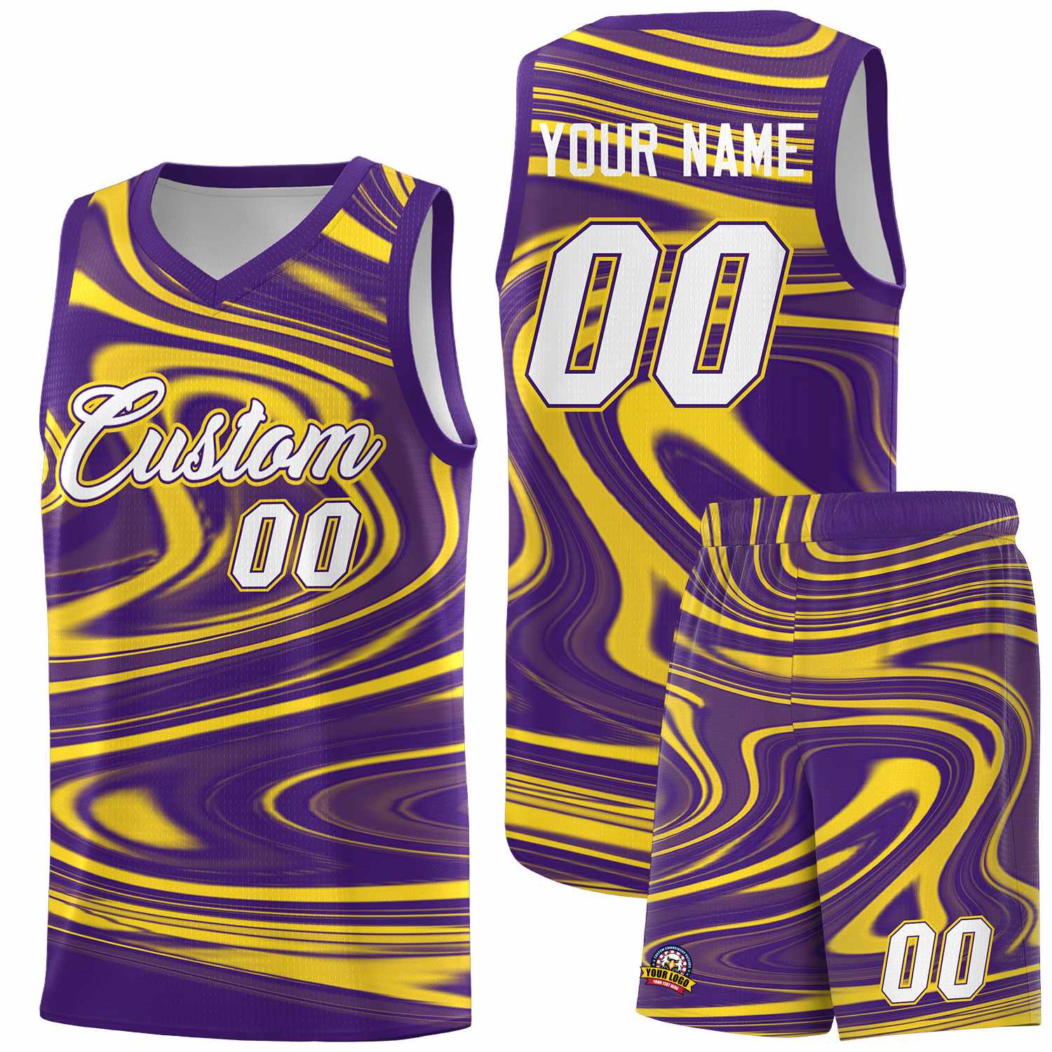 Custom Purple Gold Graffiti Pattern Fluids Style Sports Uniform Basketball Jersey Sets