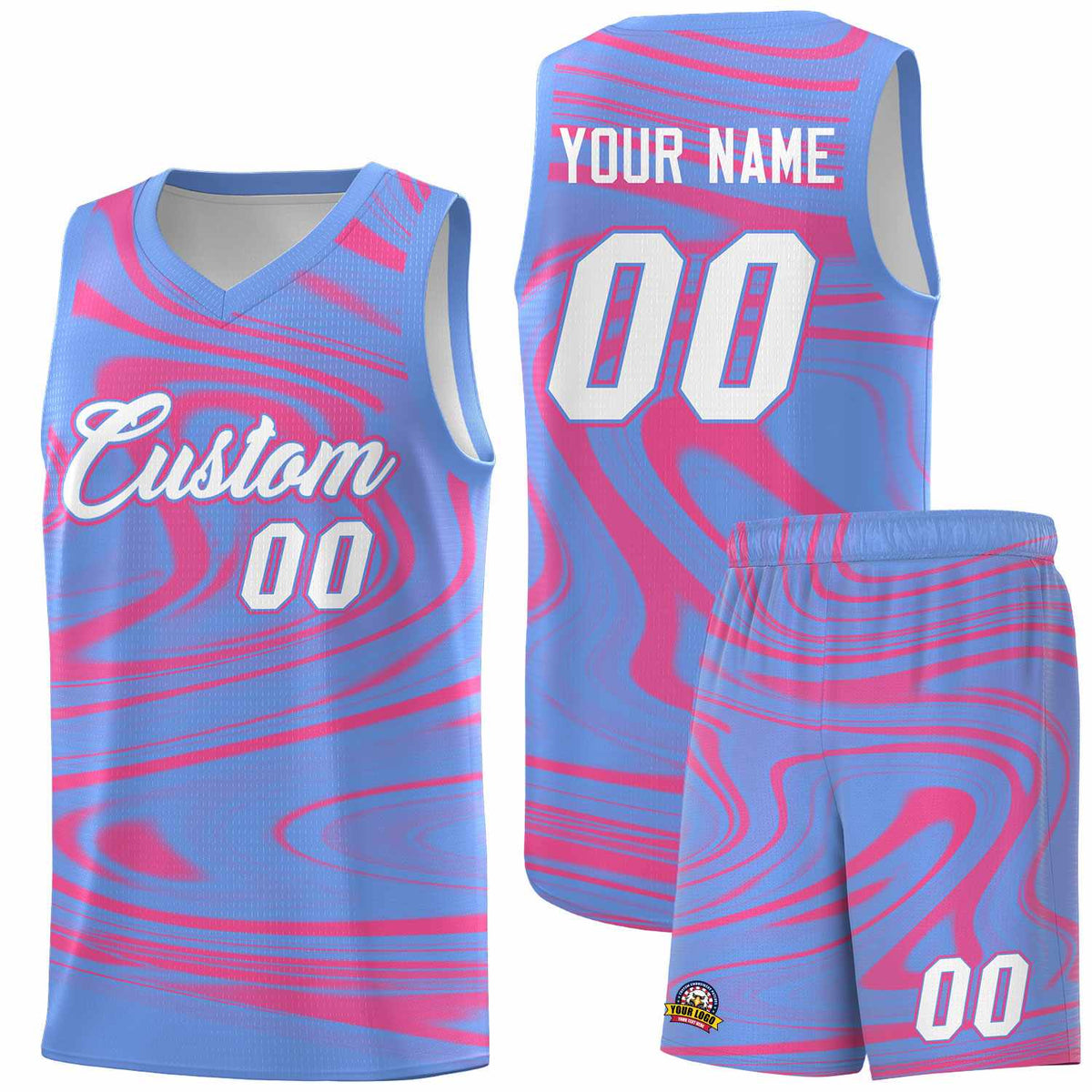 Custom Light Blue Pink Graffiti Pattern Fluids Style Sports Uniform Basketball Jersey Sets