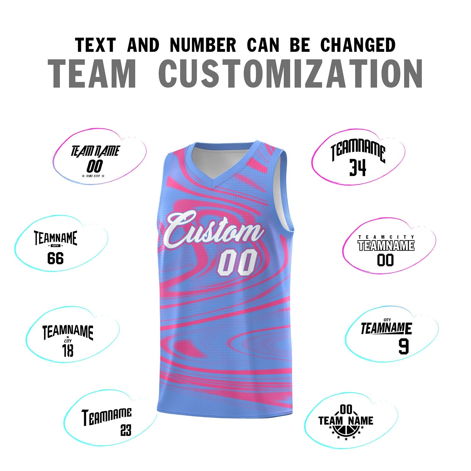 Custom Light Blue Pink Graffiti Pattern Fluids Style Sports Uniform Basketball Jersey Sets