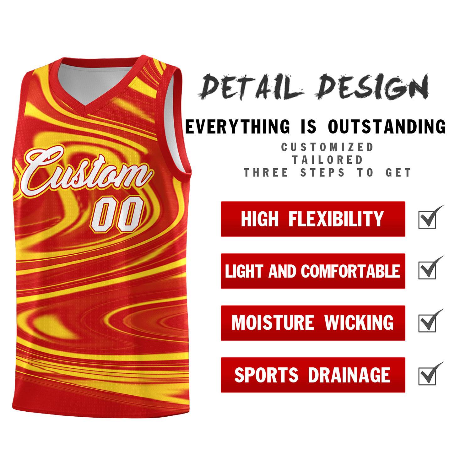 Custom Red Gold Graffiti Pattern Fluids Style Sports Uniform Basketball Jersey Sets