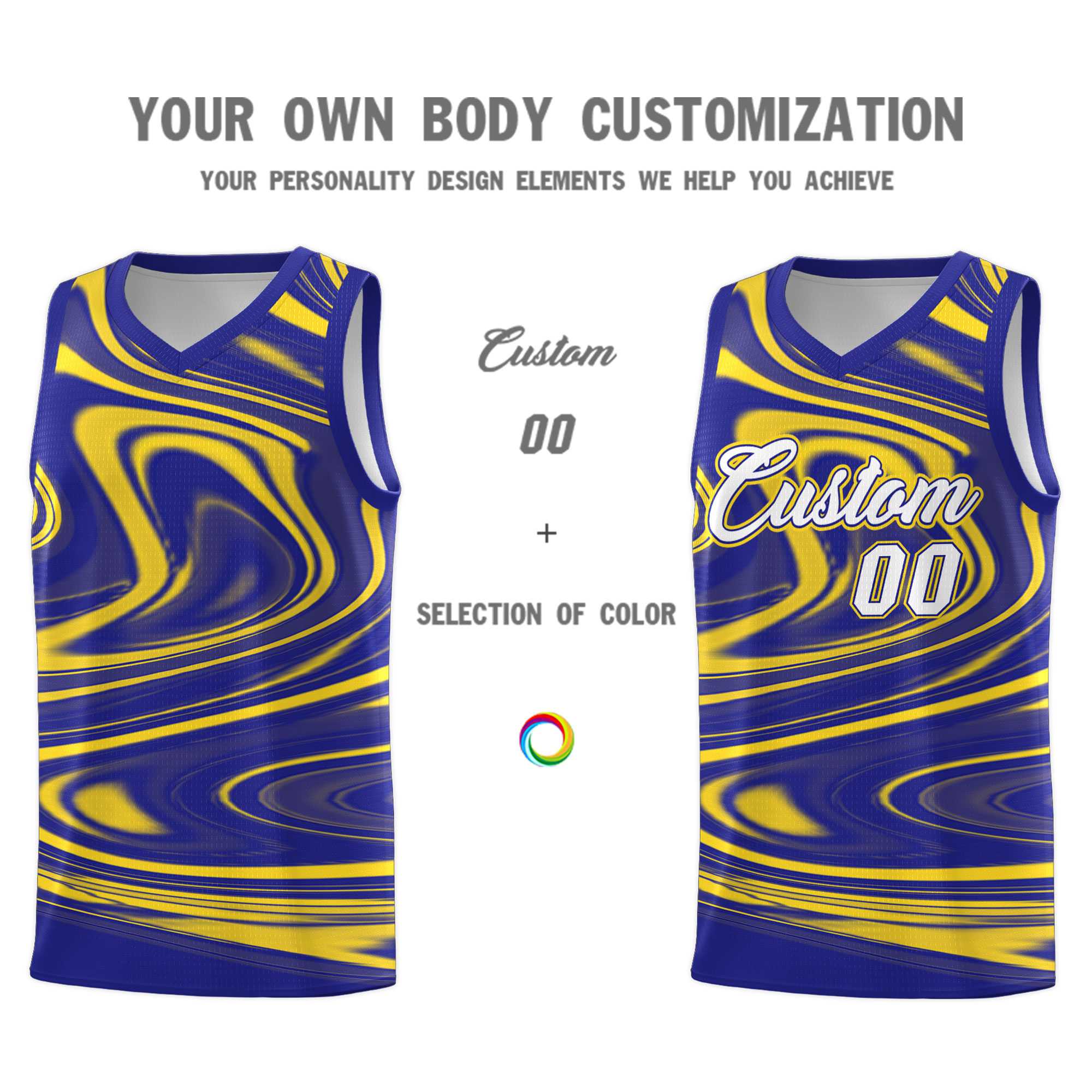 Custom Royal Gold Graffiti Pattern Fluids Style Sports Uniform Basketball Jersey Sets