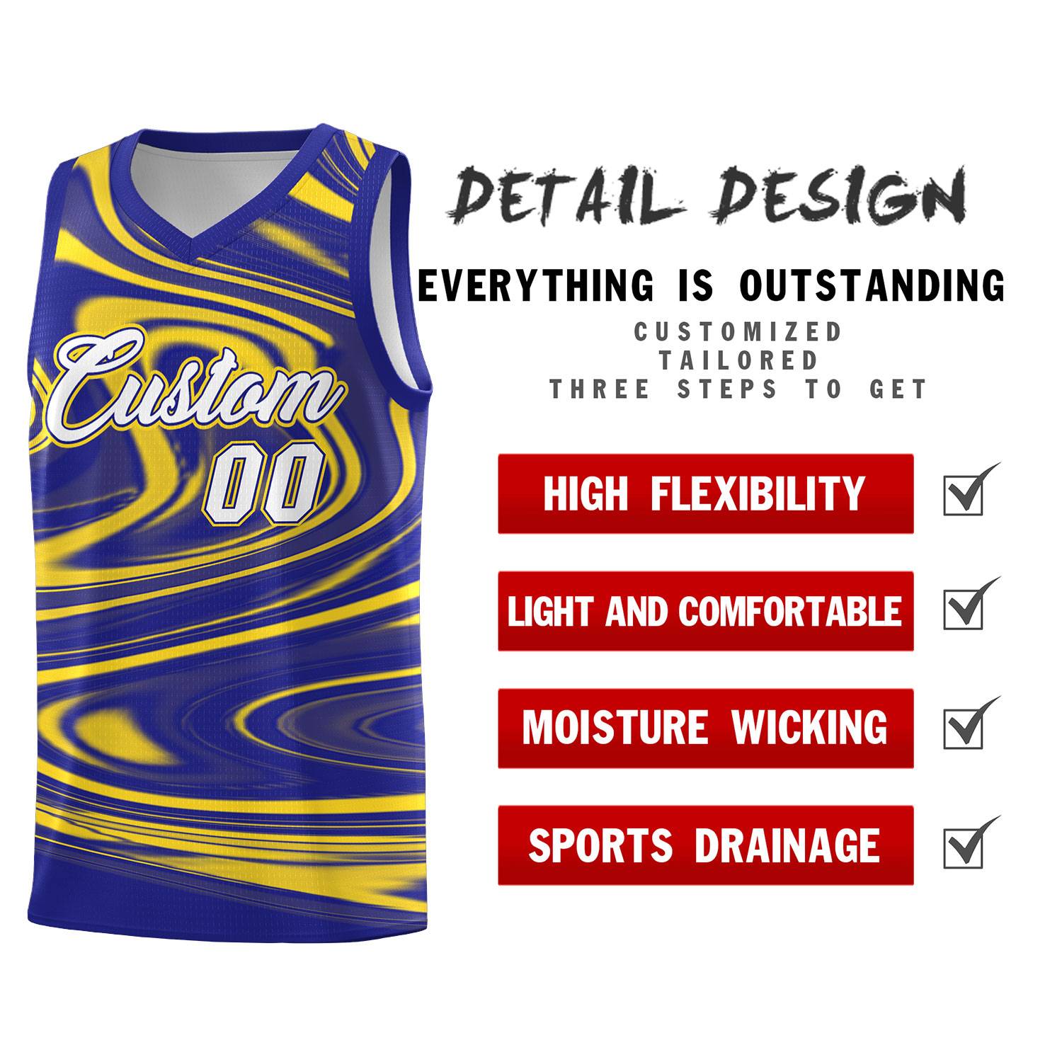 Custom Royal Gold Graffiti Pattern Fluids Style Sports Uniform Basketball Jersey Sets