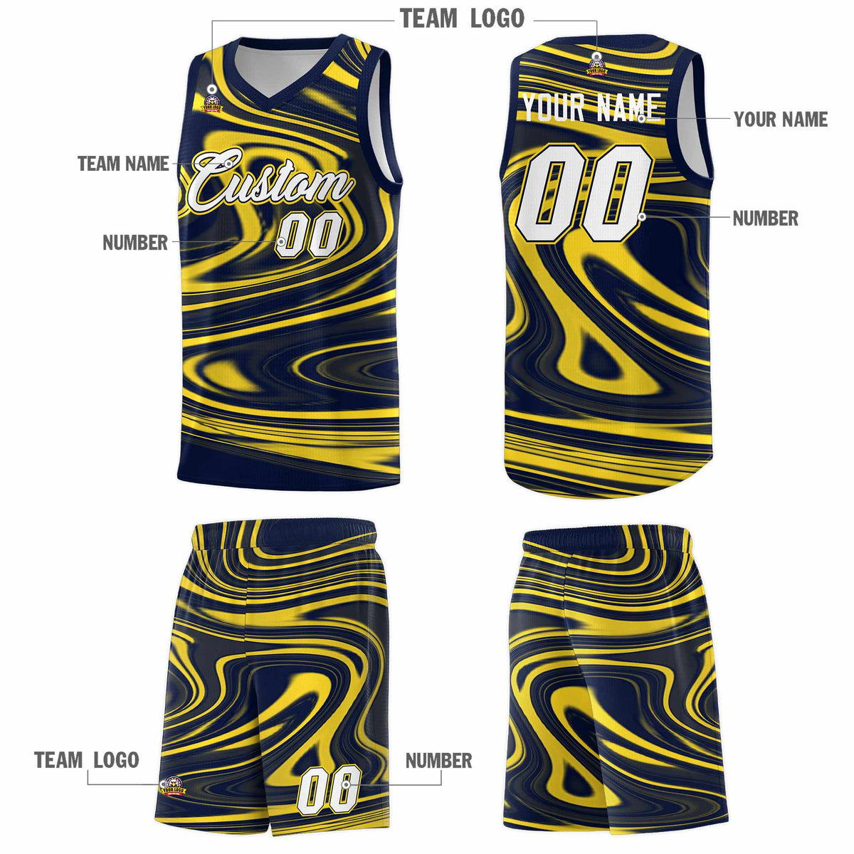 Custom Navy Gold Graffiti Pattern Fluids Style Sports Uniform Basketball Jersey Sets