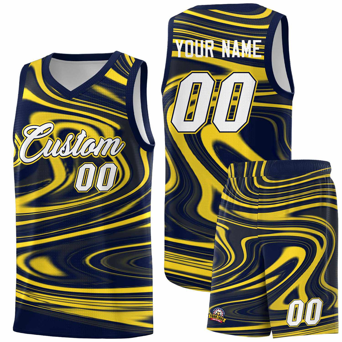 Custom Navy Gold Graffiti Pattern Fluids Style Sports Uniform Basketball Jersey Sets