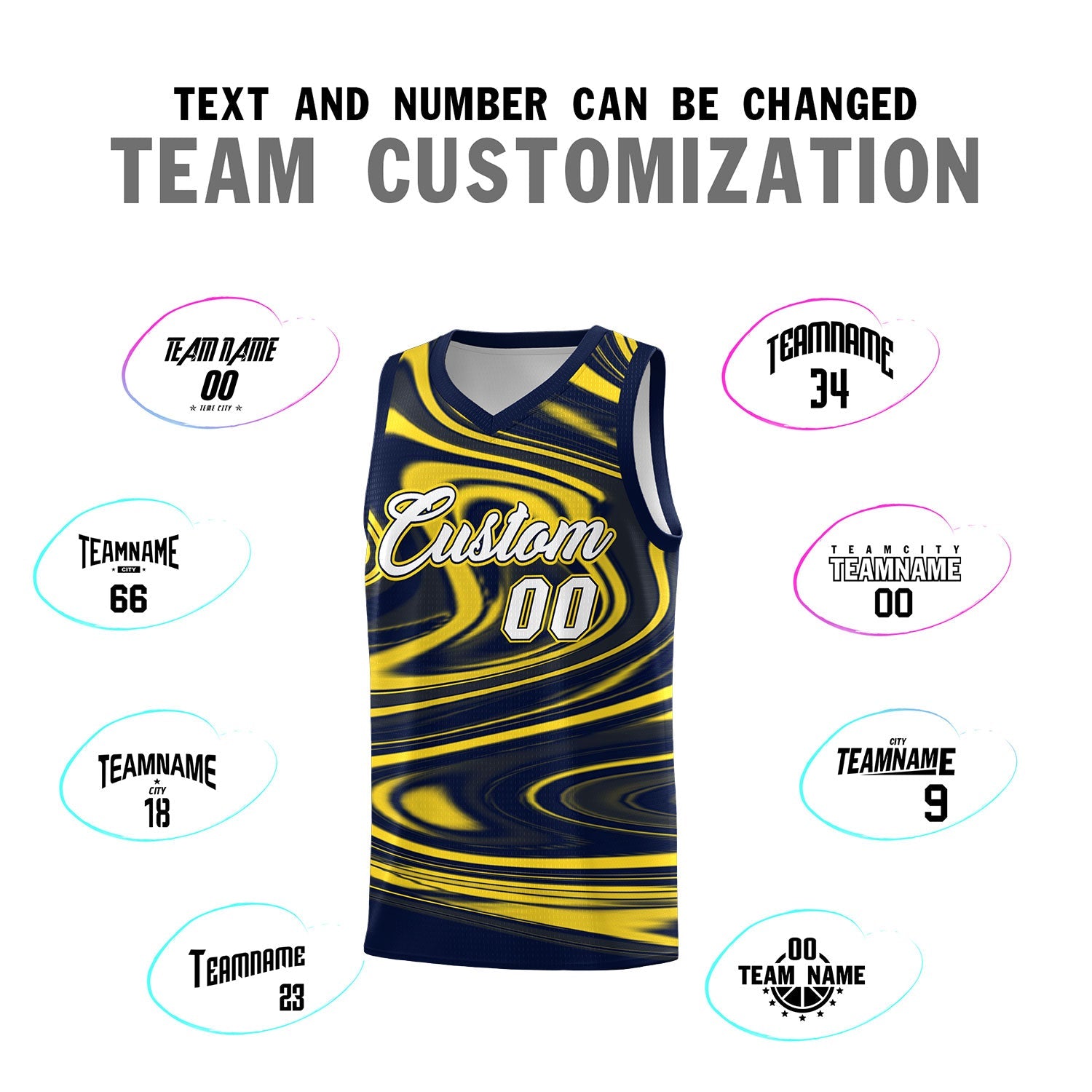 Custom Navy Gold Graffiti Pattern Fluids Style Sports Uniform Basketball Jersey Sets