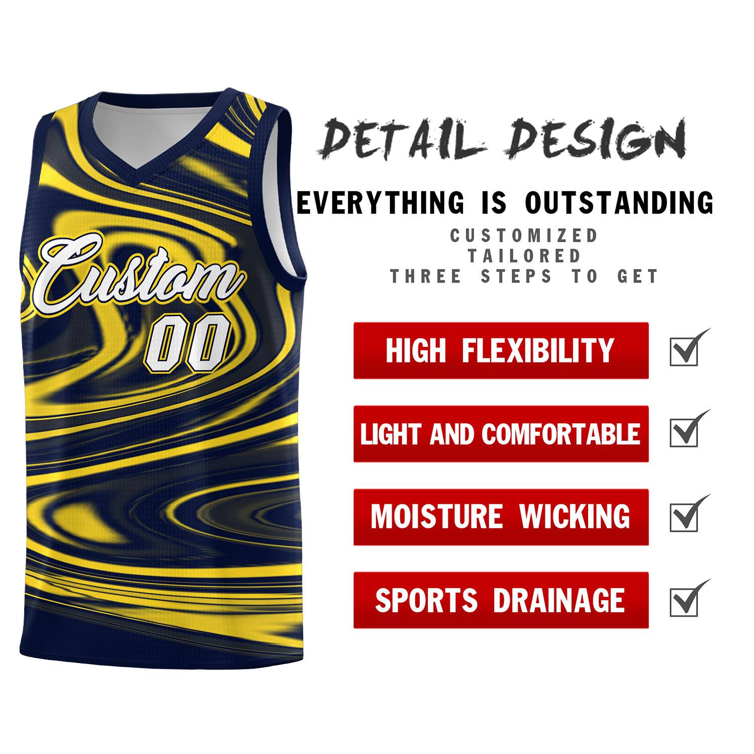 Custom Navy Gold Graffiti Pattern Fluids Style Sports Uniform Basketball Jersey Sets