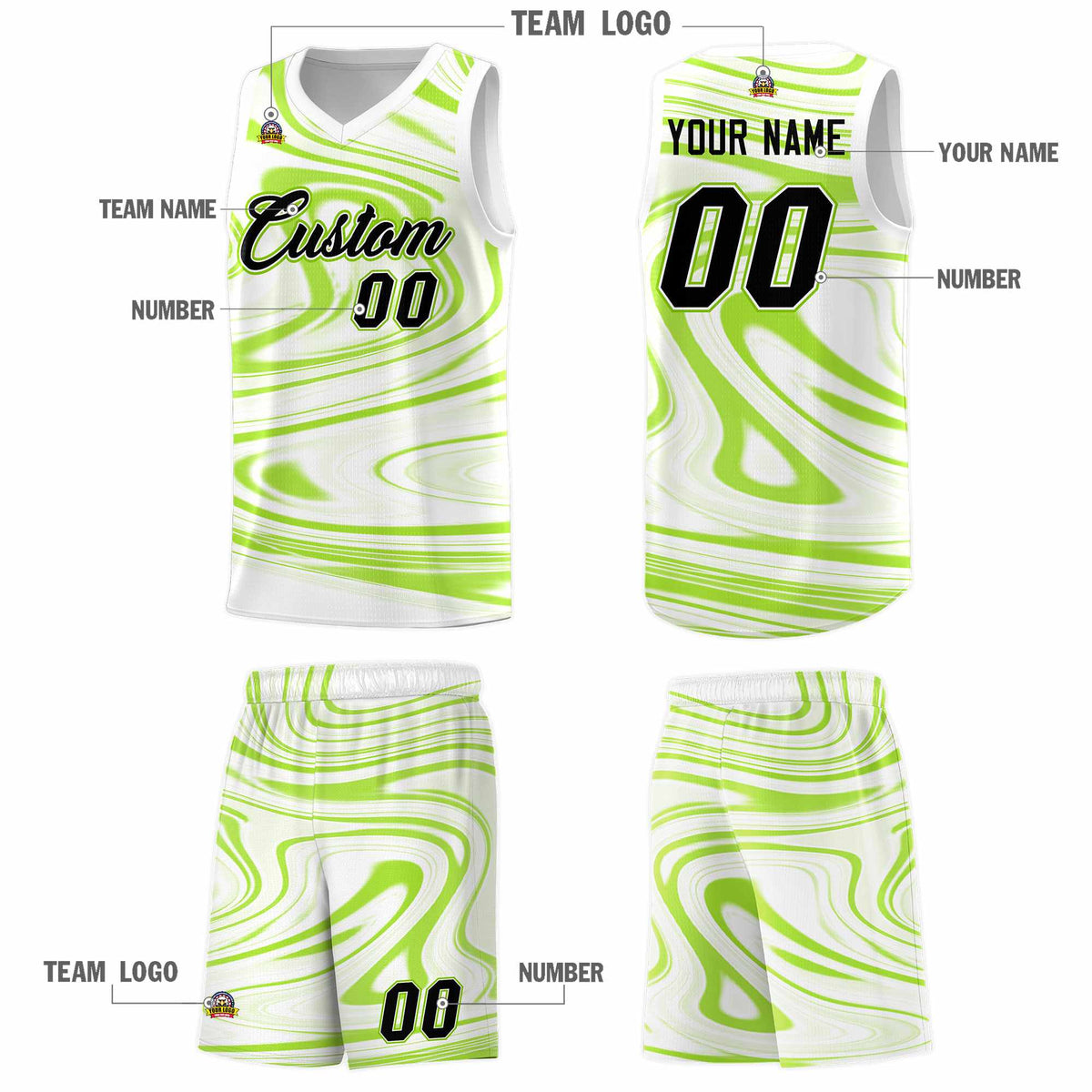 Custom White Light Green Graffiti Pattern Fluids Style Sports Uniform Basketball Jersey Sets
