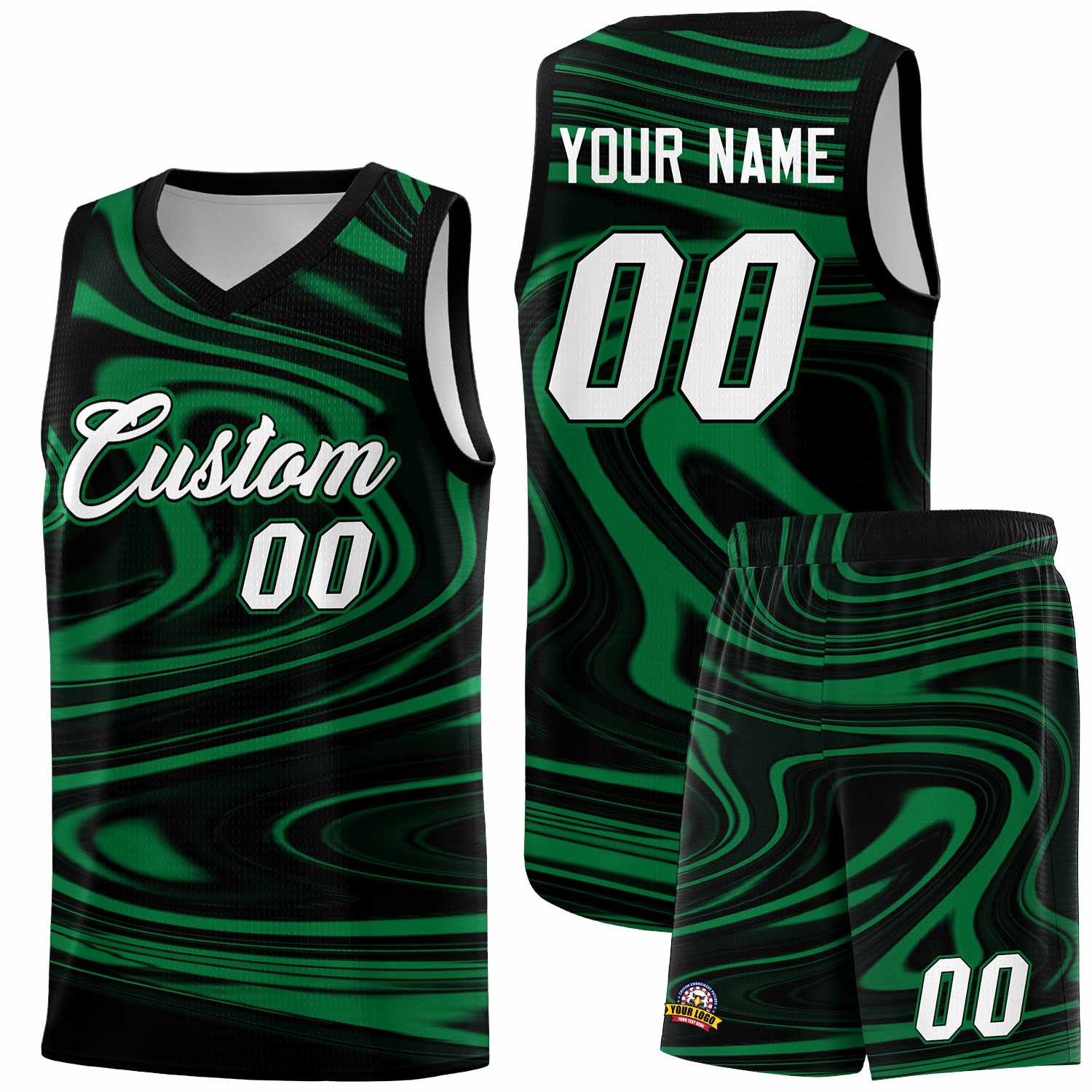 Custom Black Kelly Green Graffiti Pattern Fluids Style Sports Uniform Basketball Jersey Sets