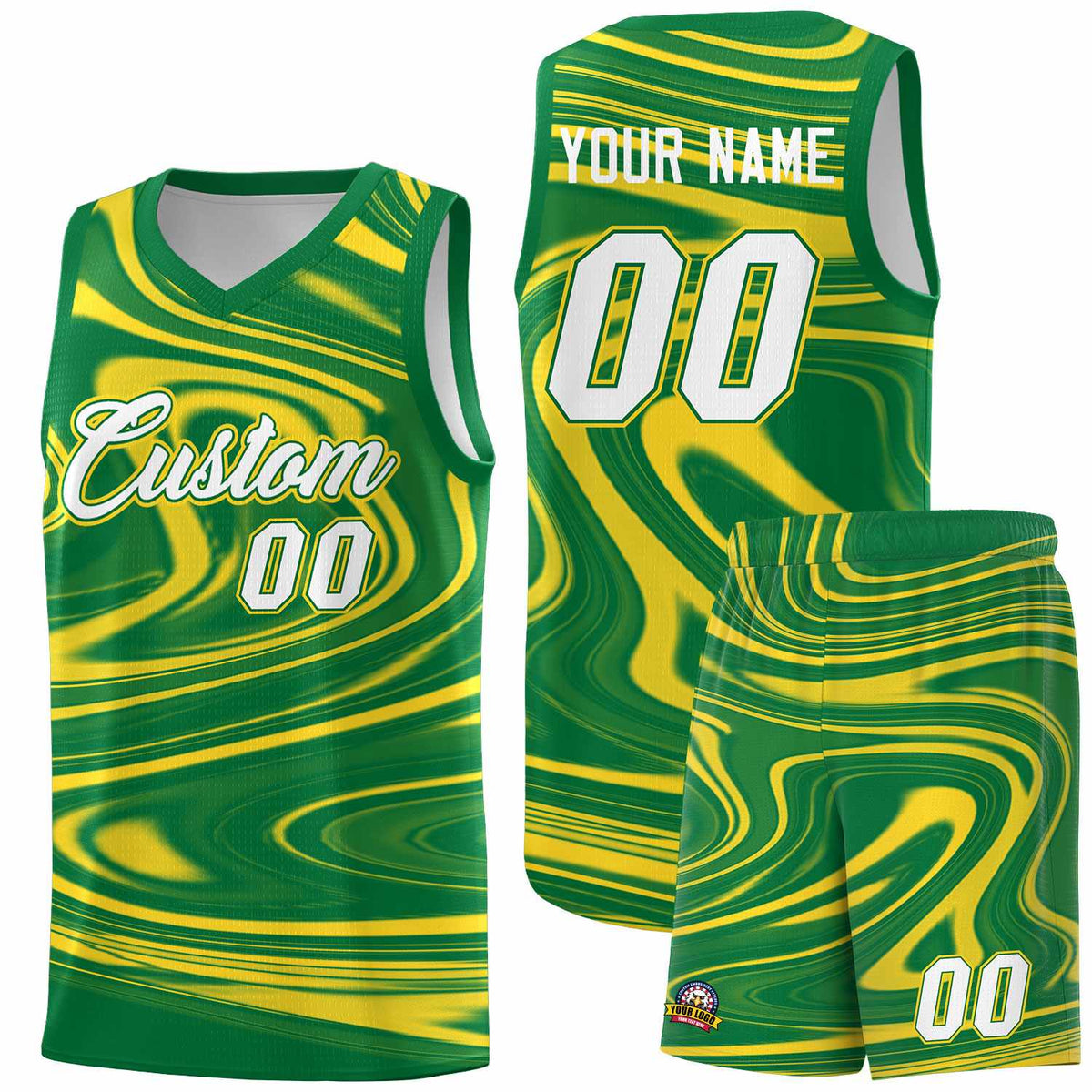 Custom Kelly Green Gold Graffiti Pattern Fluids Style Sports Uniform Basketball Jersey Sets