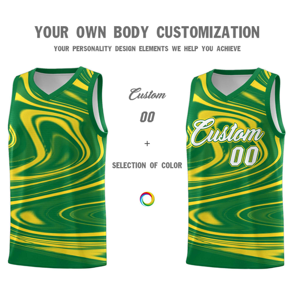 Custom Kelly Green Gold Graffiti Pattern Fluids Style Sports Uniform Basketball Jersey Sets