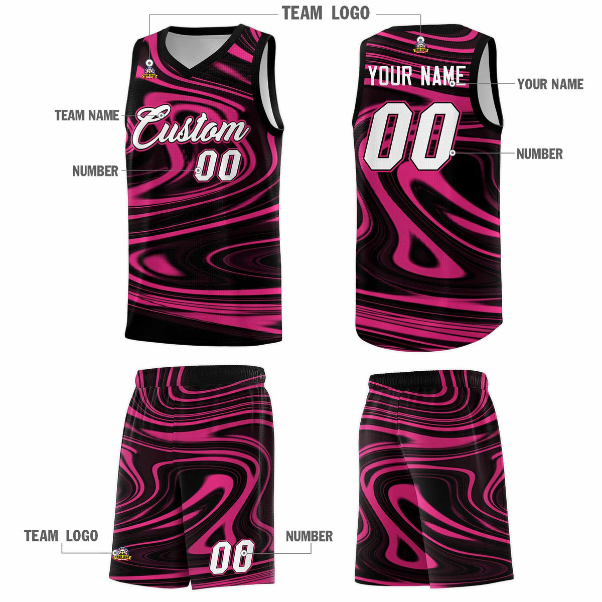 Custom Black Pink Graffiti Pattern Fluids Style Sports Uniform Basketball Jersey Sets