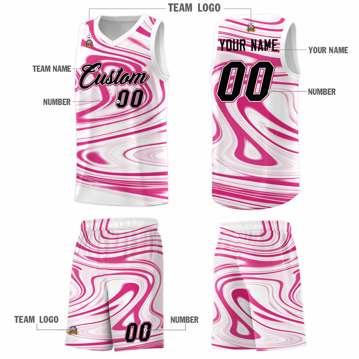 Custom White Pink Graffiti Pattern Fluids Style Sports Uniform Basketball Jersey Sets