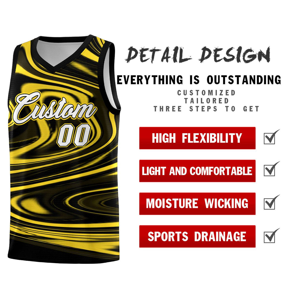 Custom Black Gold Graffiti Pattern Fluids Style Sports Uniform Basketball Jersey Sets