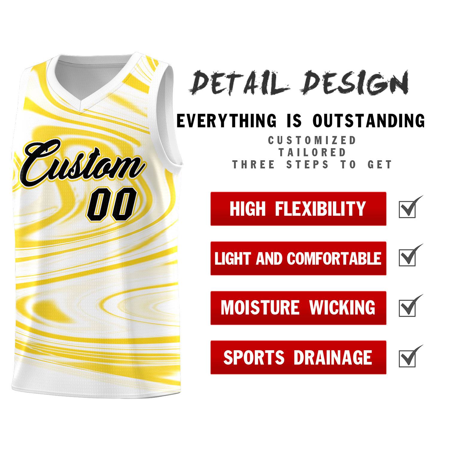 Custom White Gold Graffiti Pattern Fluids Style Sports Uniform Basketball Jersey Sets