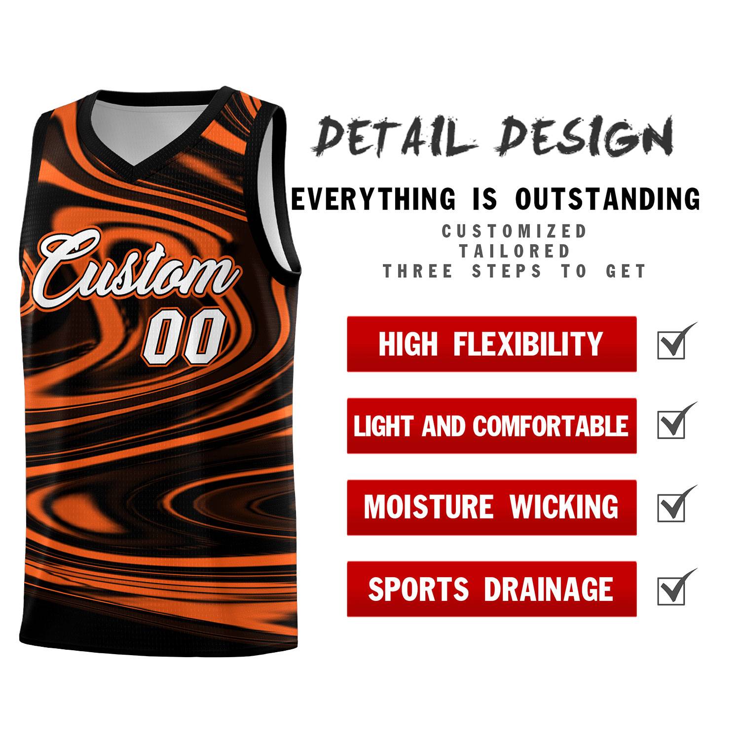Custom Black Orange Graffiti Pattern Fluids Style Sports Uniform Basketball Jersey Sets