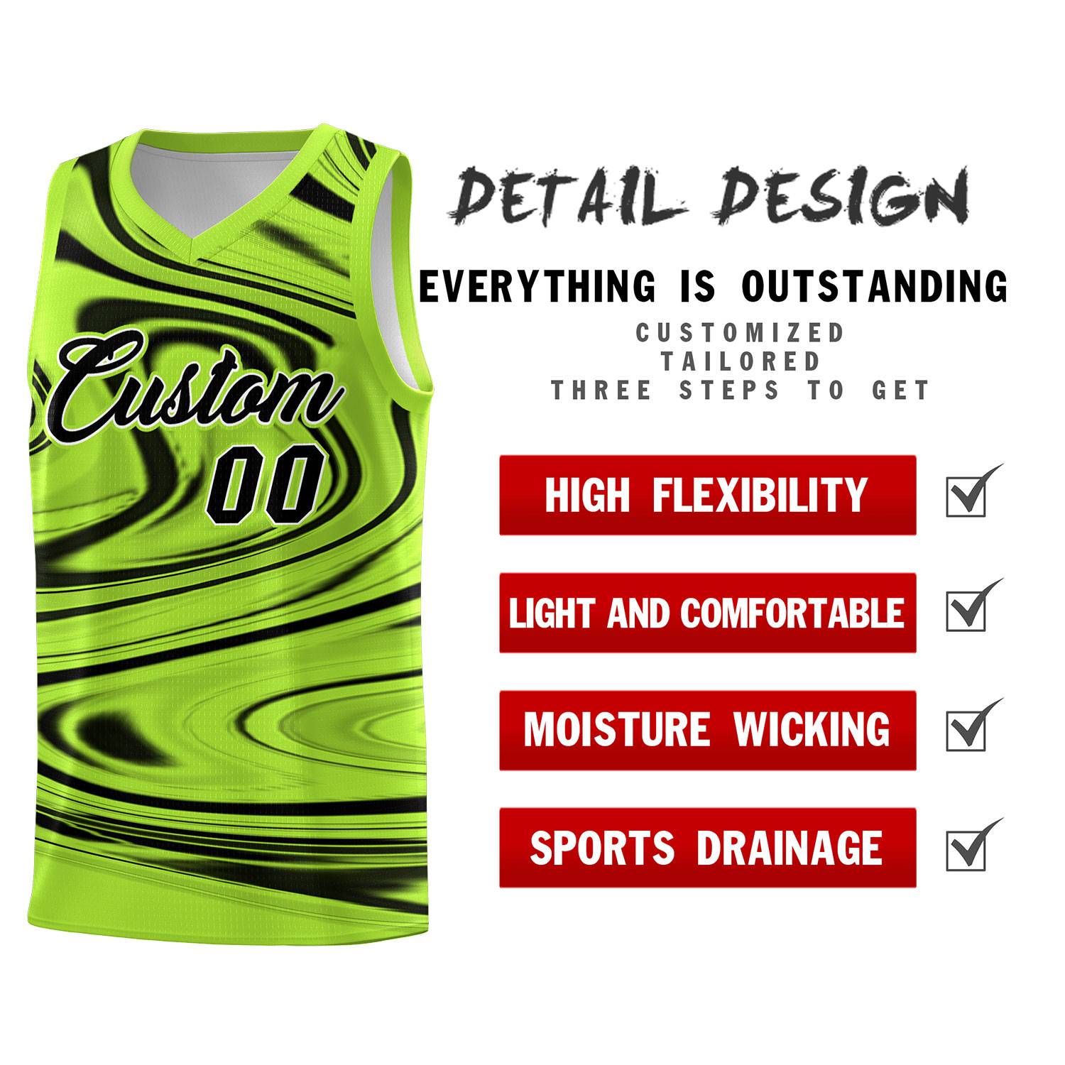 Custom Light Green Black Graffiti Pattern Fluids Style Sports Uniform Basketball Jersey Sets