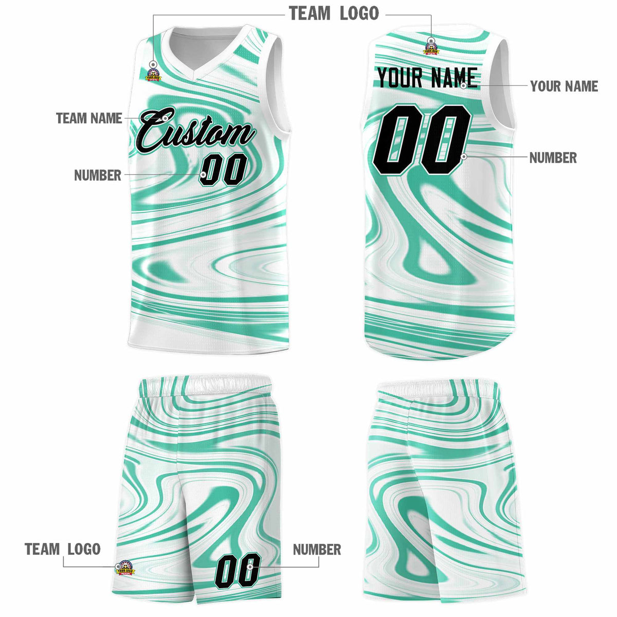 Custom White Bright Green Graffiti Pattern Fluids Style Sports Uniform Basketball Jersey Sets