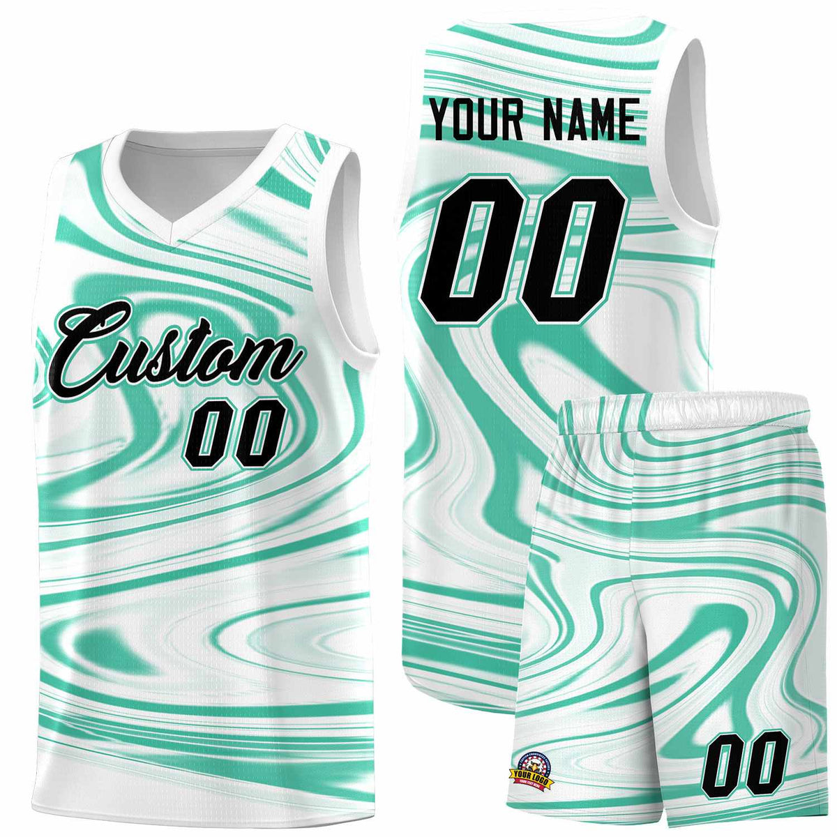 Custom White Bright Green Graffiti Pattern Fluids Style Sports Uniform Basketball Jersey Sets