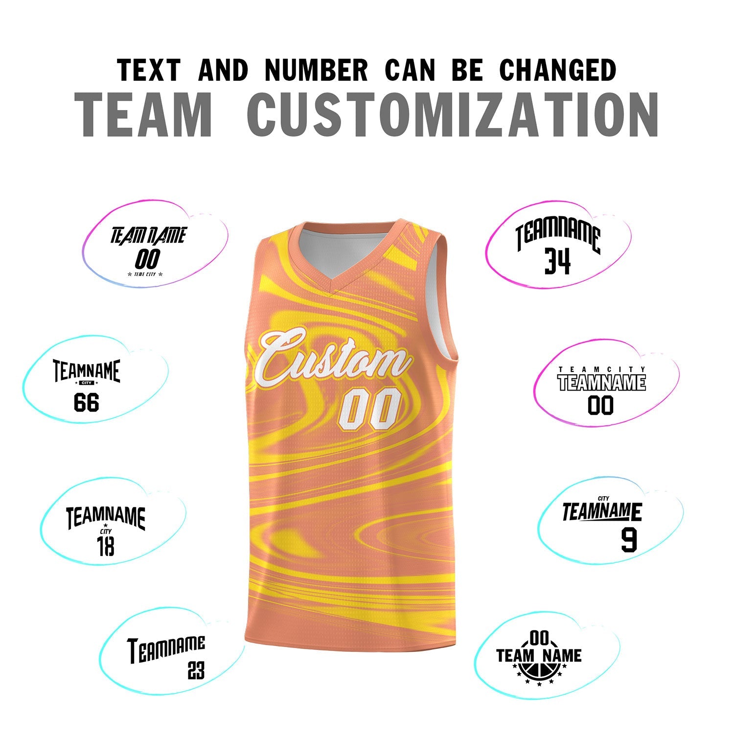Custom Light Orange Gold Graffiti Pattern Fluids Style Sports Uniform Basketball Jersey Sets